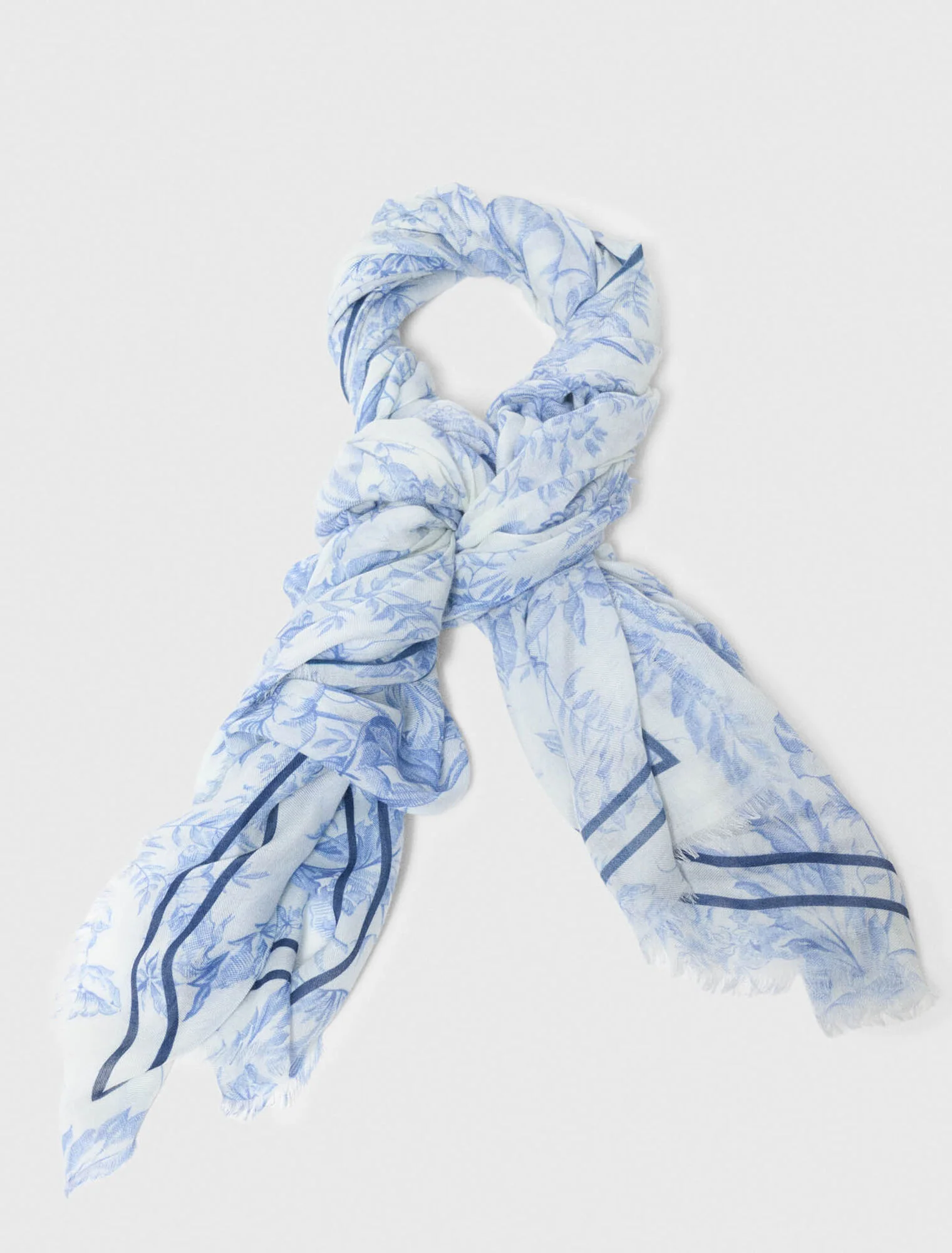 Floral Print Wool Blend Shawl White/Blue - Image 4