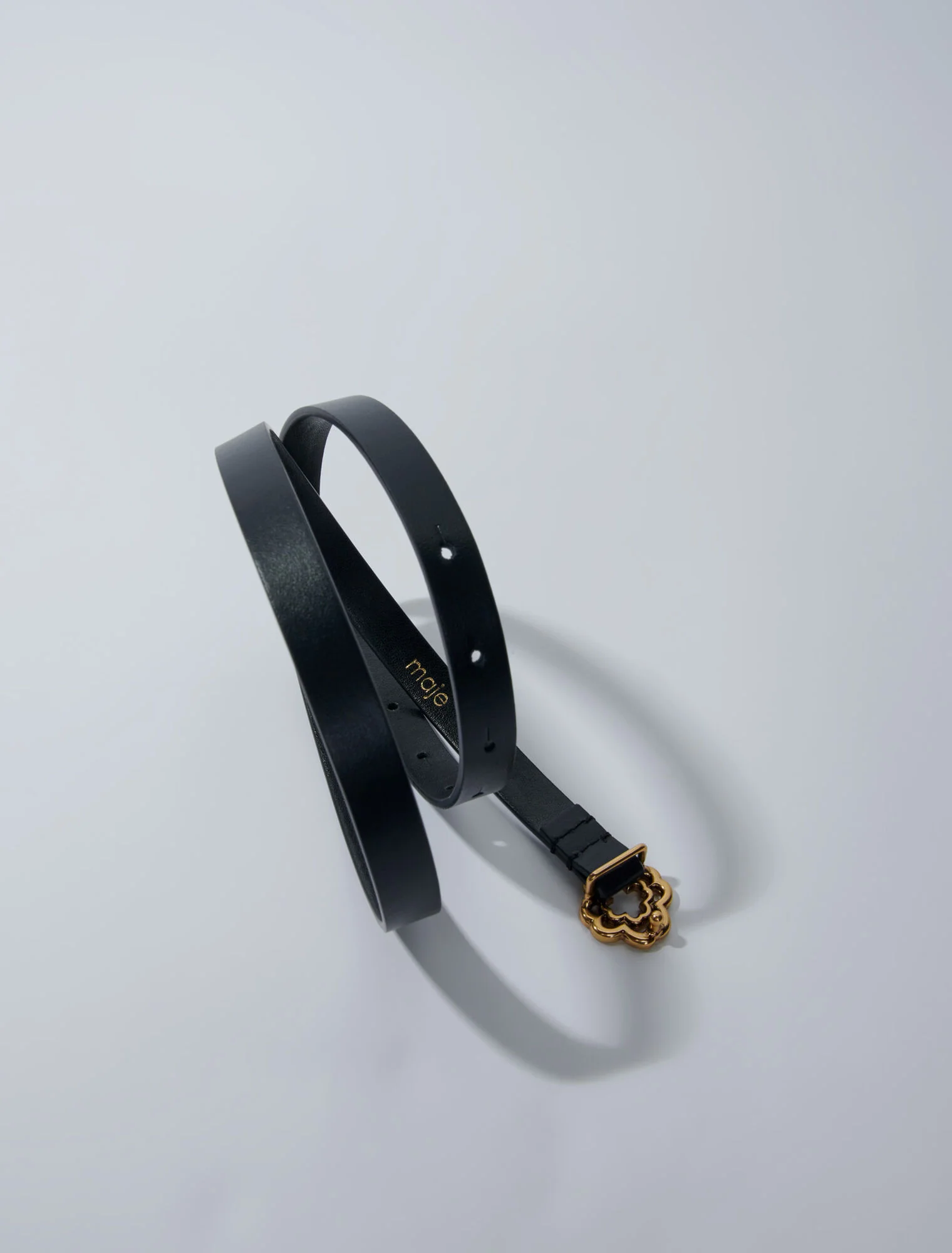Narrow black leather belt gold buckle Black - Image 3
