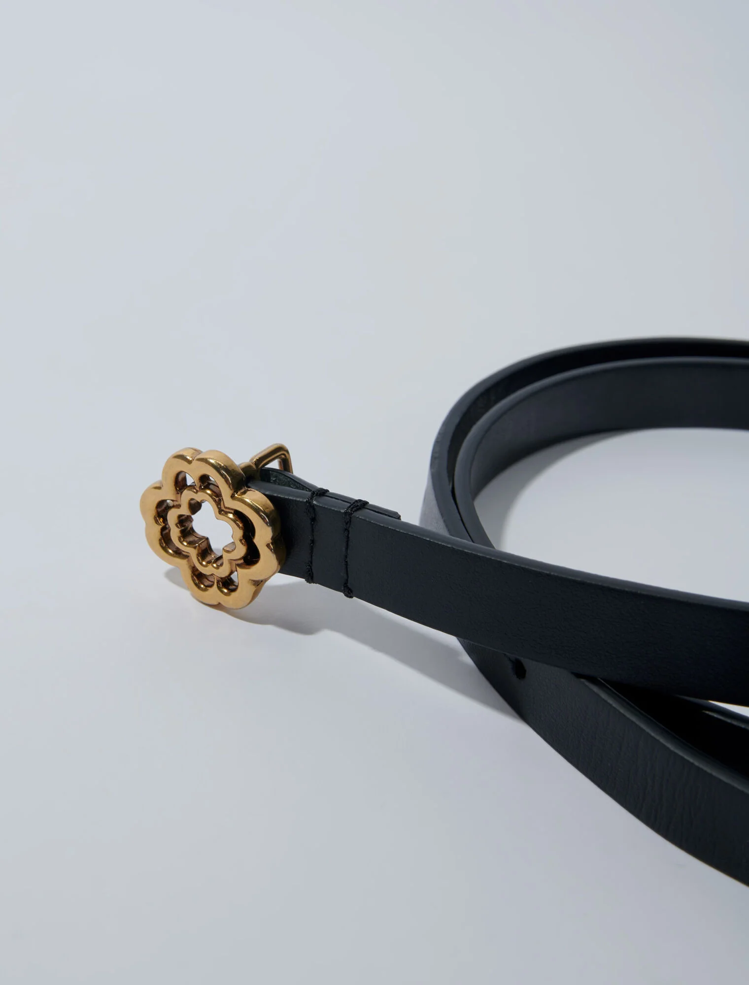 Narrow black leather belt gold buckle Black - Image 4
