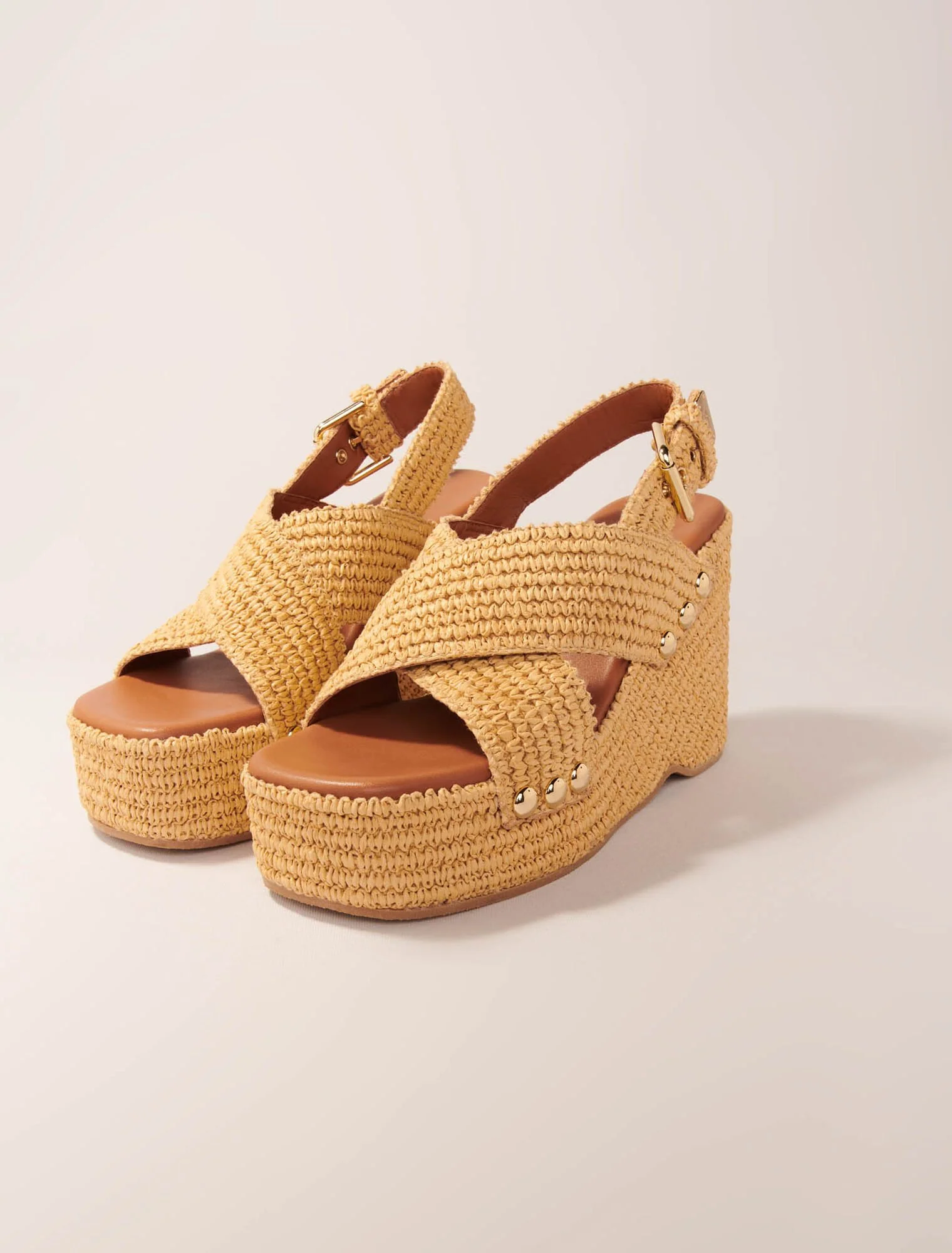 Wedge sandals with raffia effect Beige Light - Image 3