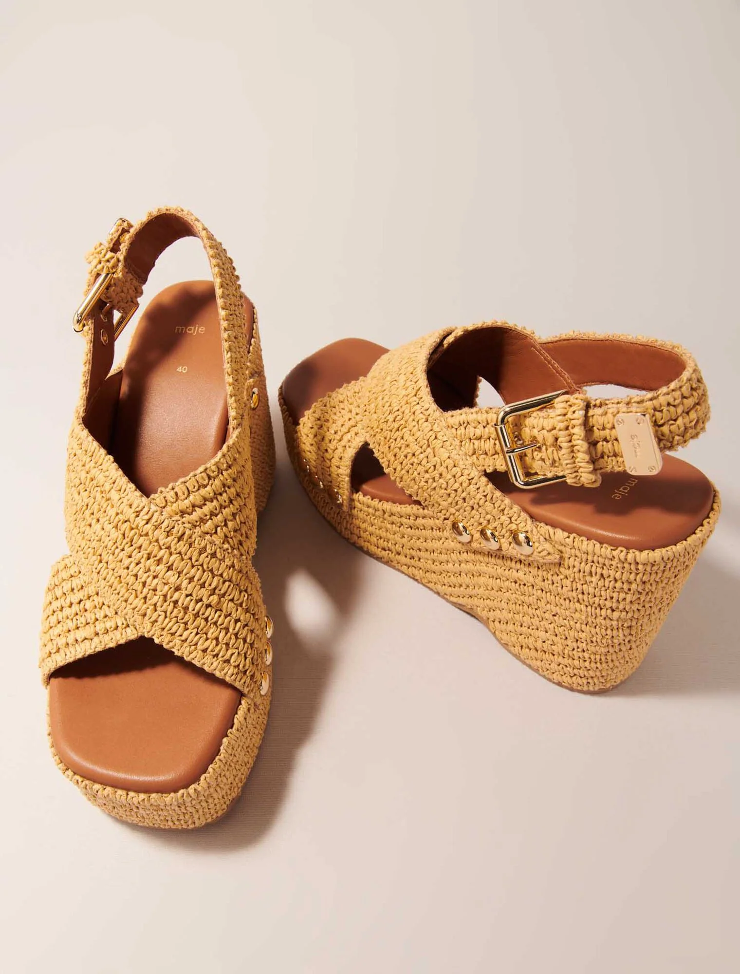 Wedge sandals with raffia effect Beige Light - Image 6
