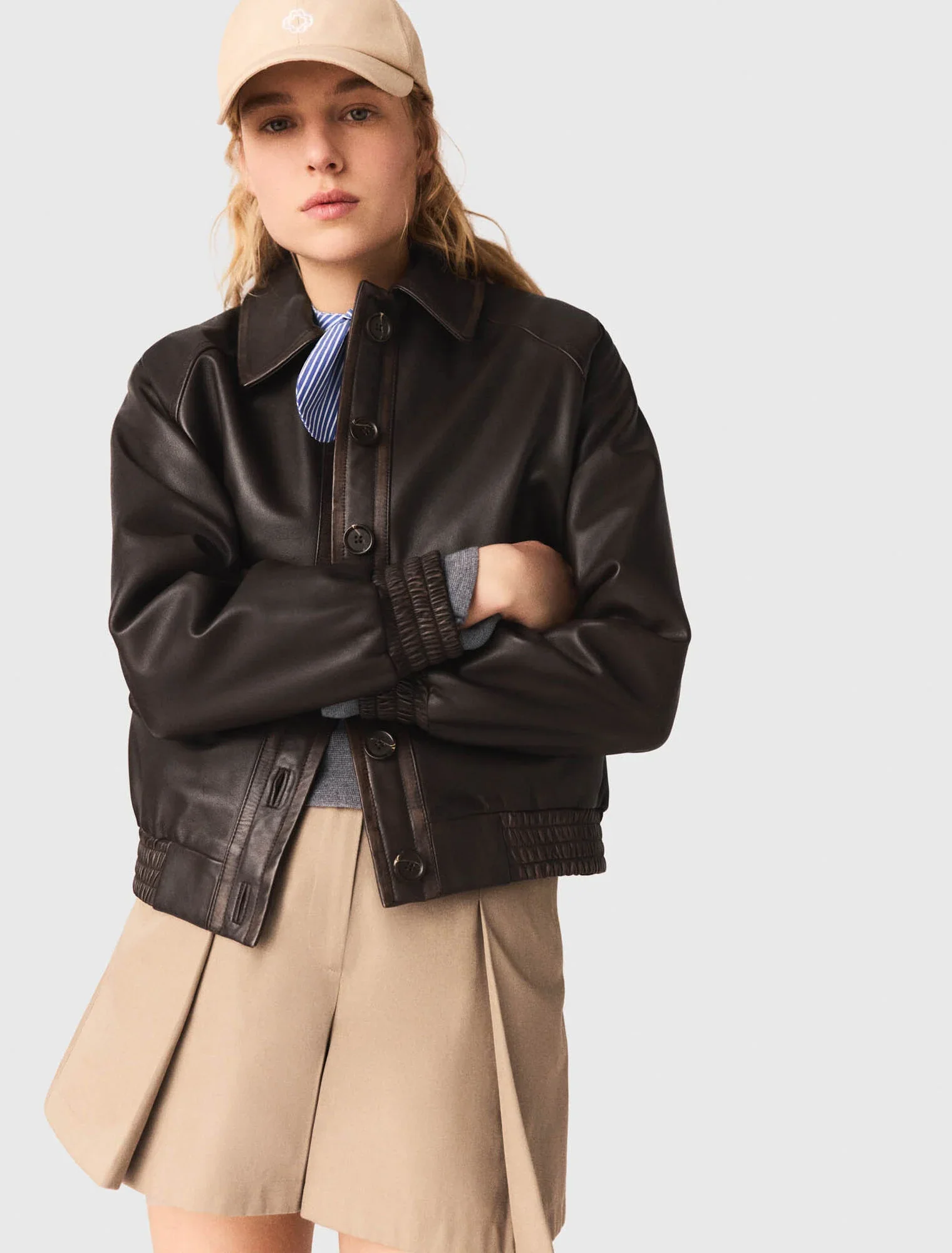 Cropped Leather Jacket Brown - Image 6