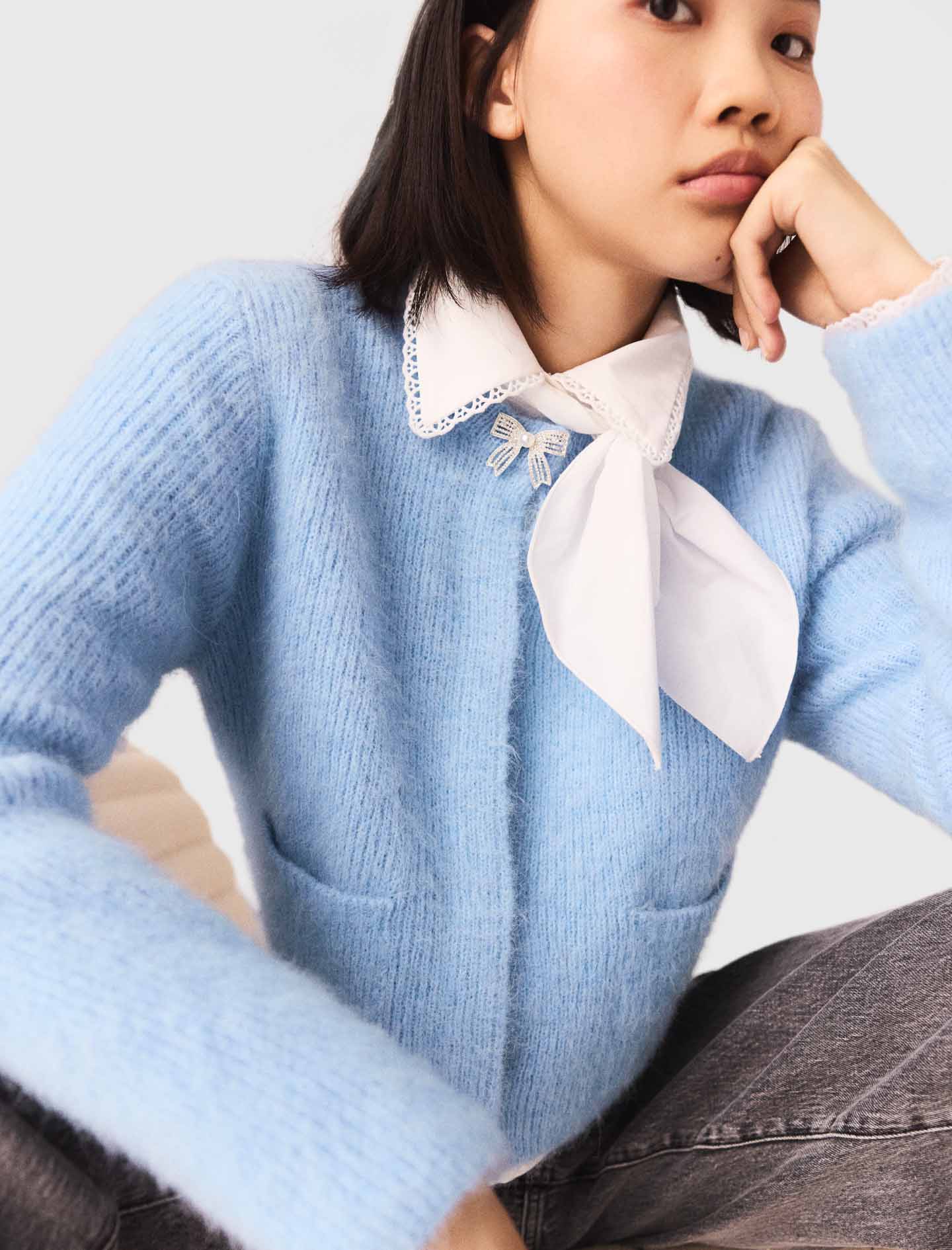 Jewelled Bow Cardigan Blue Sky - Image 5