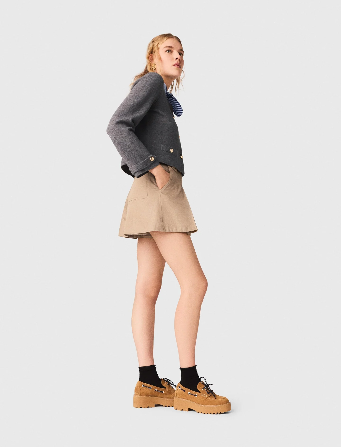 Removable Striped Collar Cardigan Light Grey - Image 2
