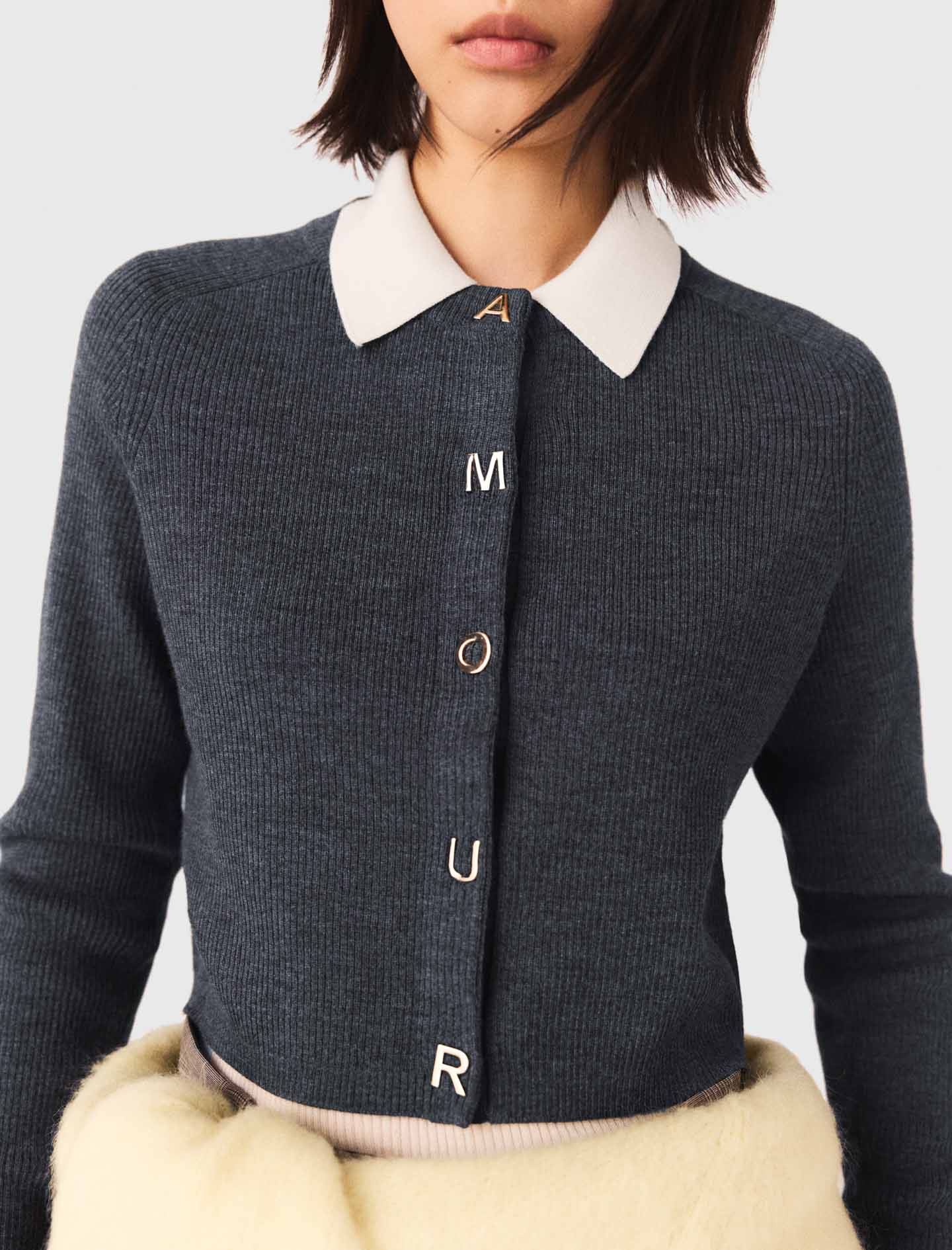 Round-Neck Rib Knit Cardigan Grey - Image 7