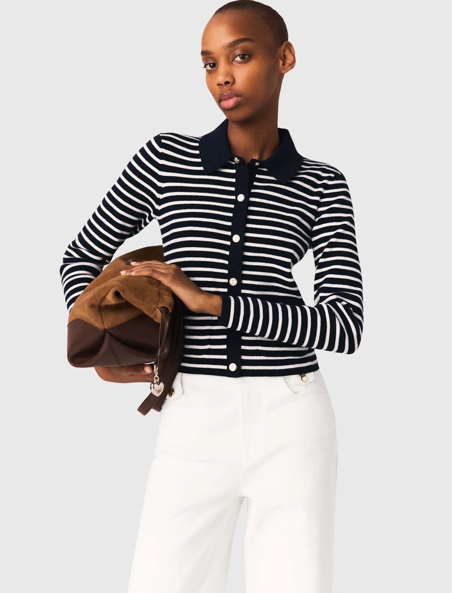 Striped Polo Cardigan Navy - Image 4
