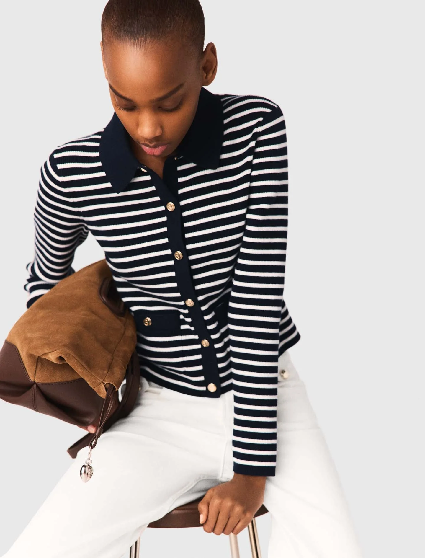 Striped Polo Cardigan Navy - Image 5
