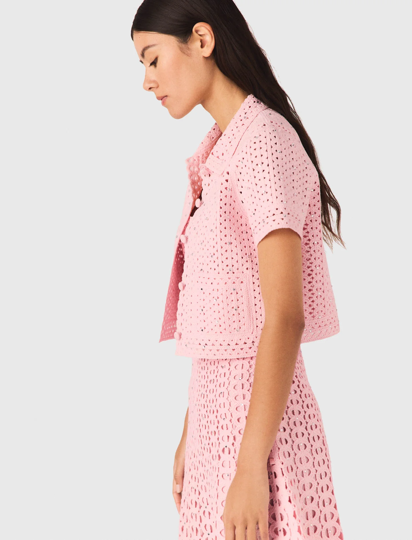 Rhinestone Crochet Polo Cardigan Pink - Image 3