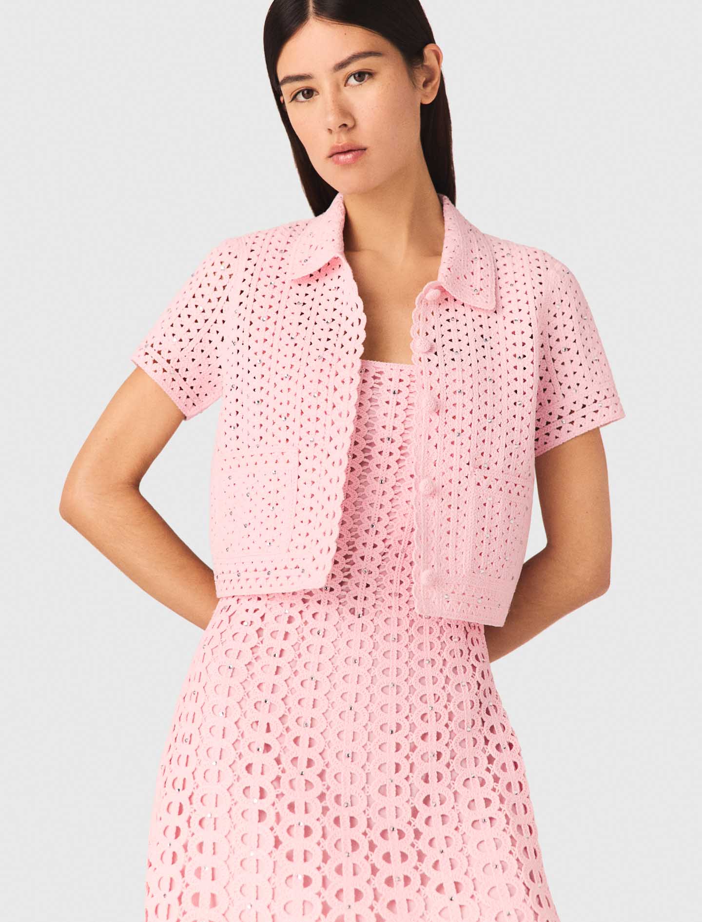 Rhinestone Crochet Polo Cardigan Pink - Image 4