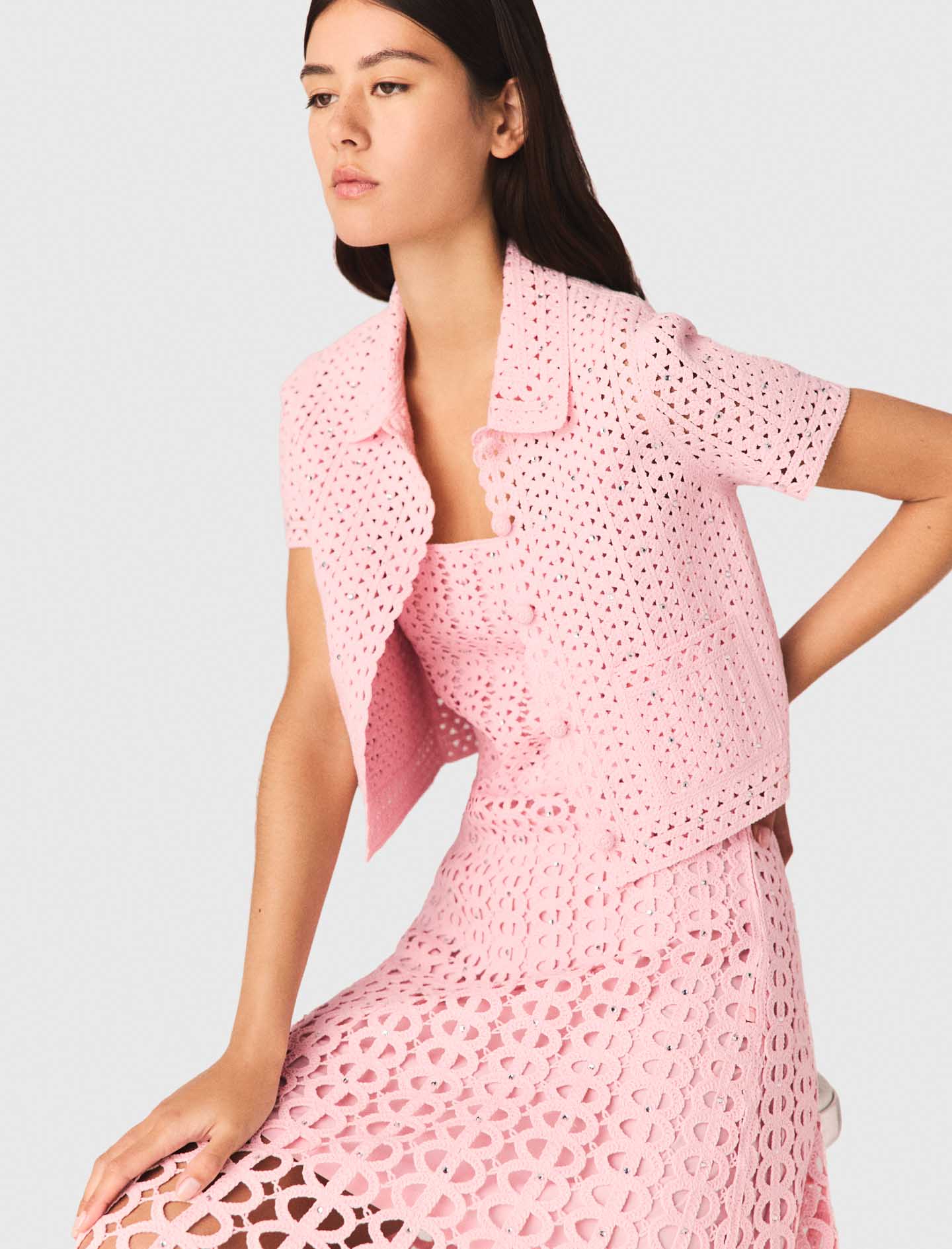Rhinestone Crochet Polo Cardigan Pink - Image 5
