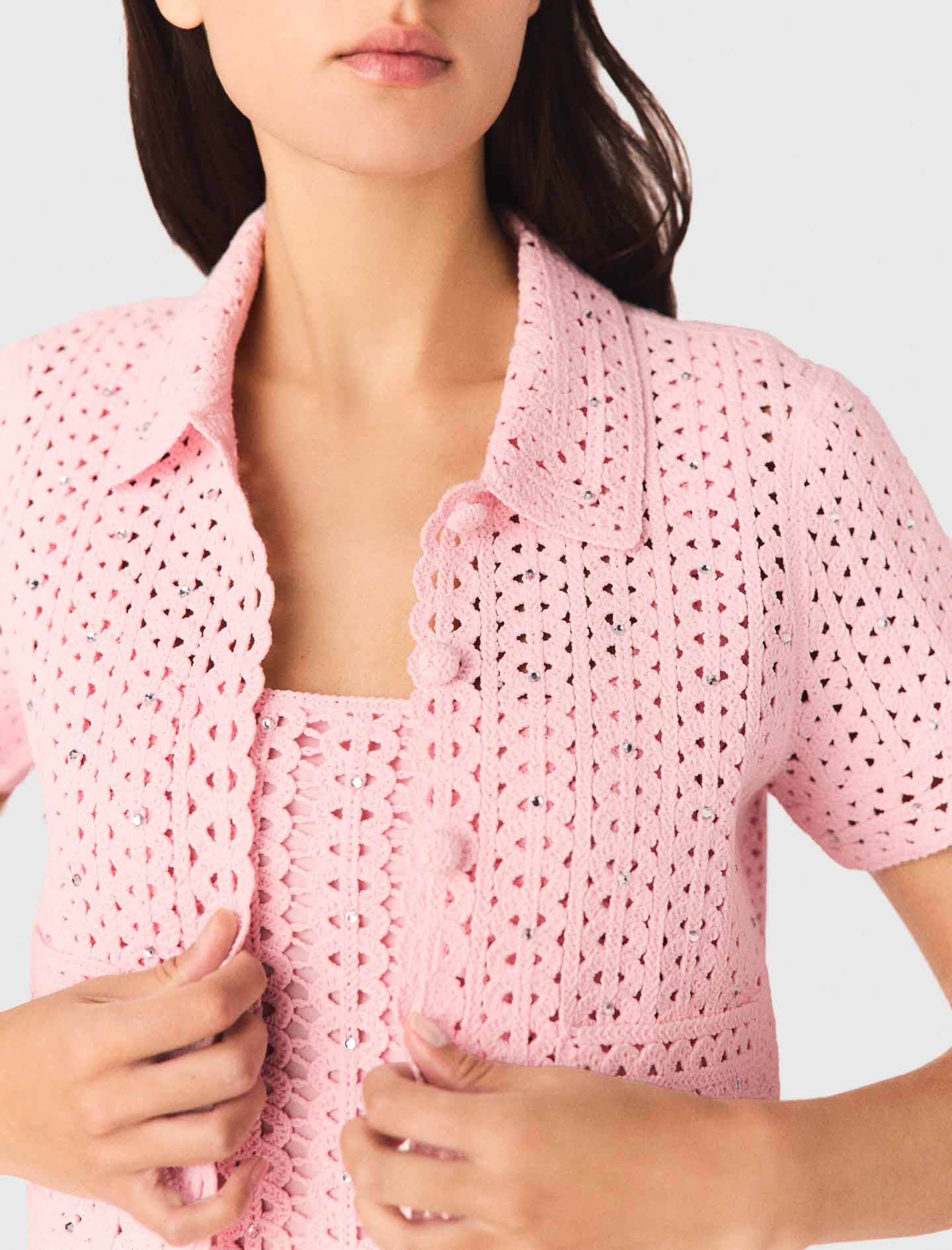 Rhinestone Crochet Polo Cardigan Pink - Image 6