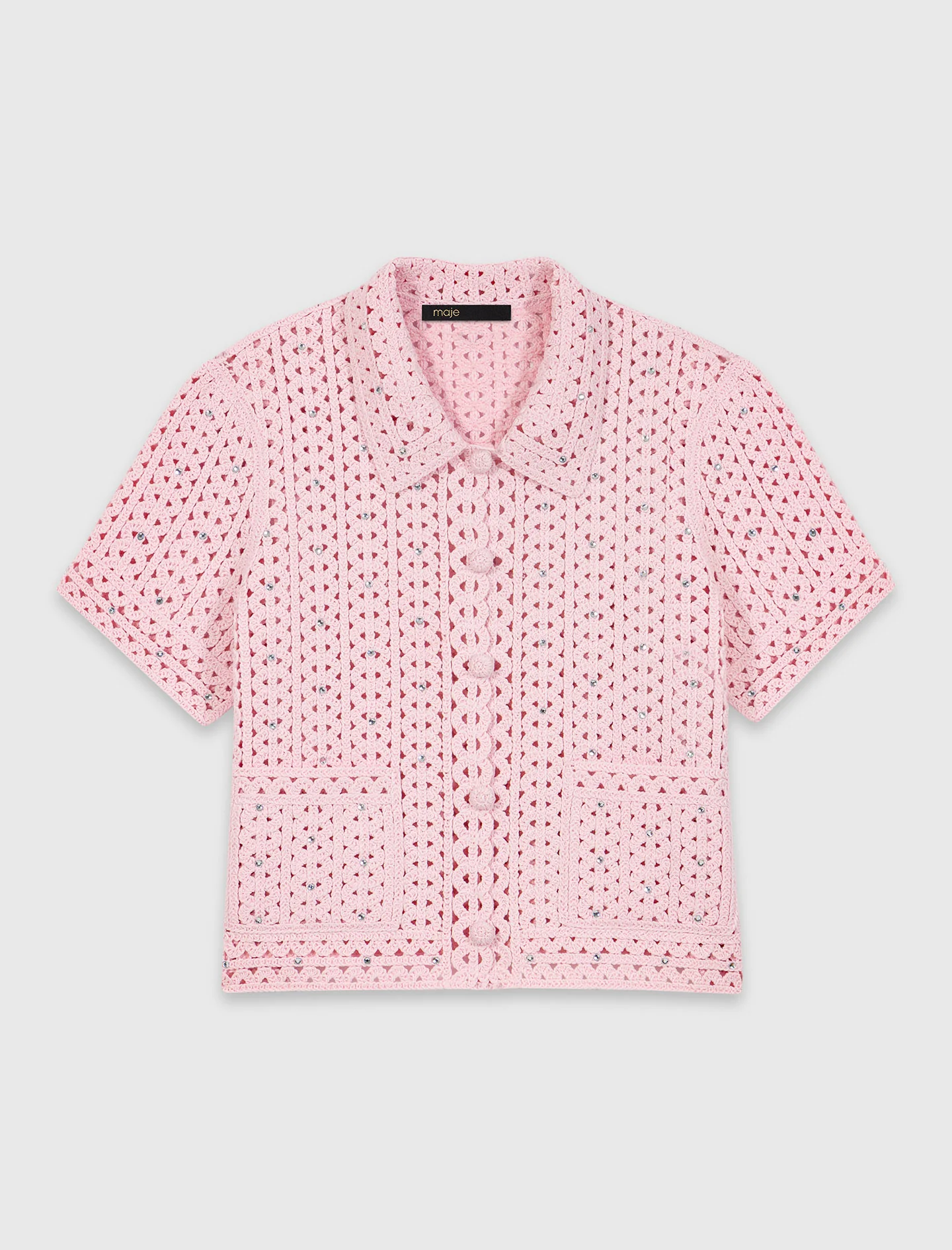 Rhinestone Crochet Polo Cardigan Pink - Image 7
