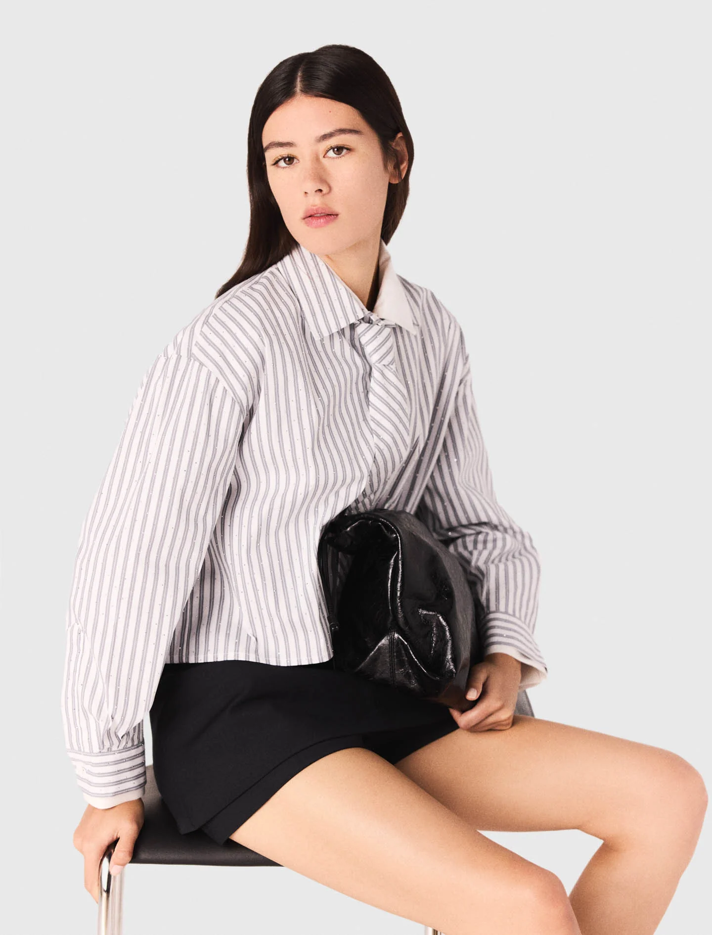 Striped rhinestone shirt with tie Ecru Stripes - Image 2