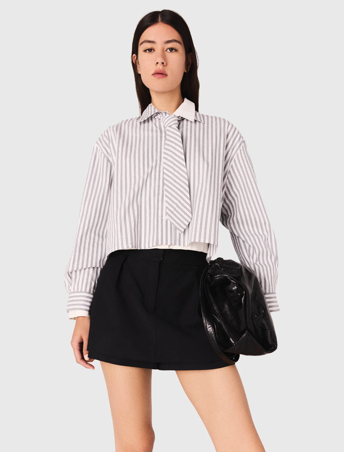 Striped rhinestone shirt with tie Ecru Stripes - Image 4