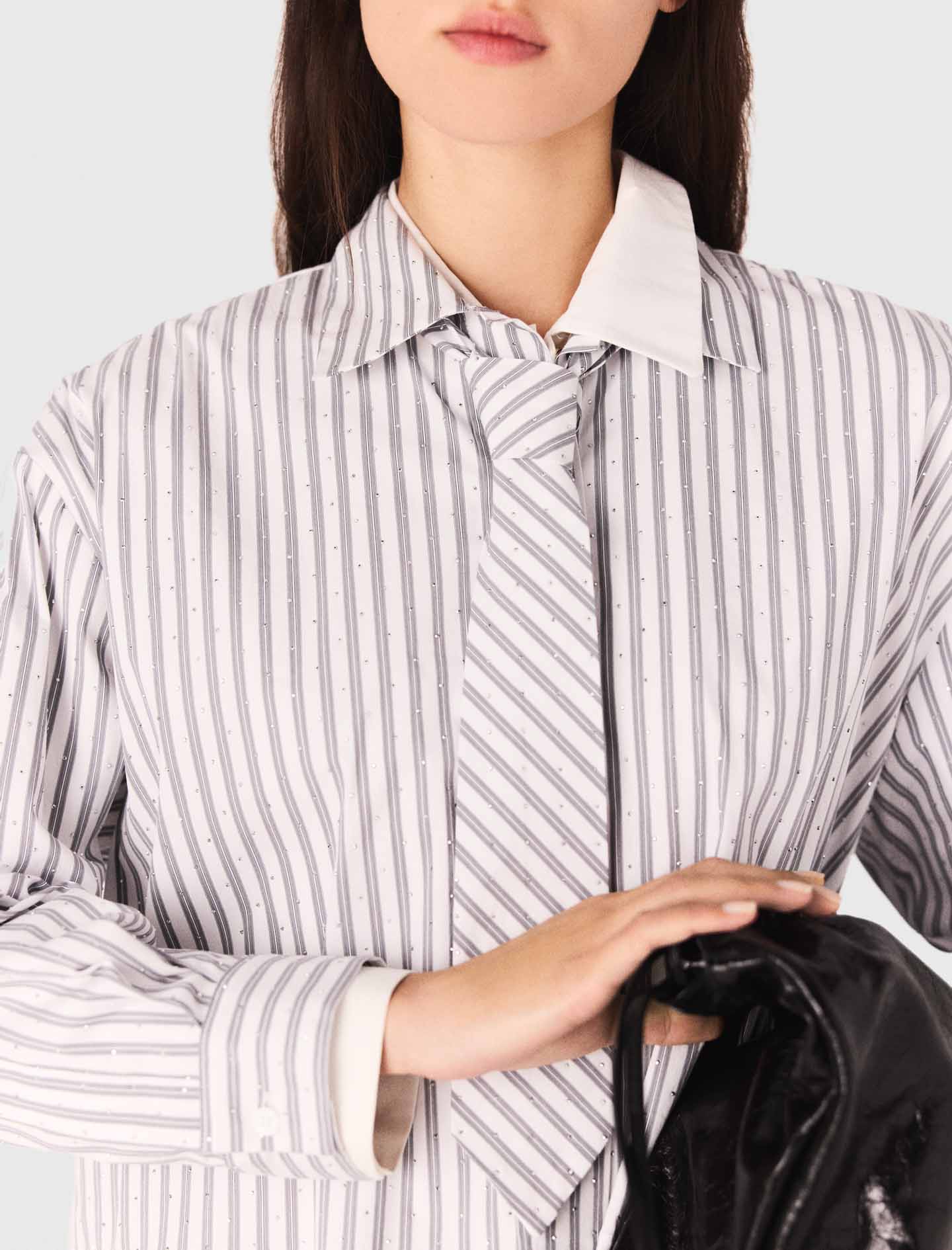 Striped rhinestone shirt with tie Ecru Stripes - Image 8