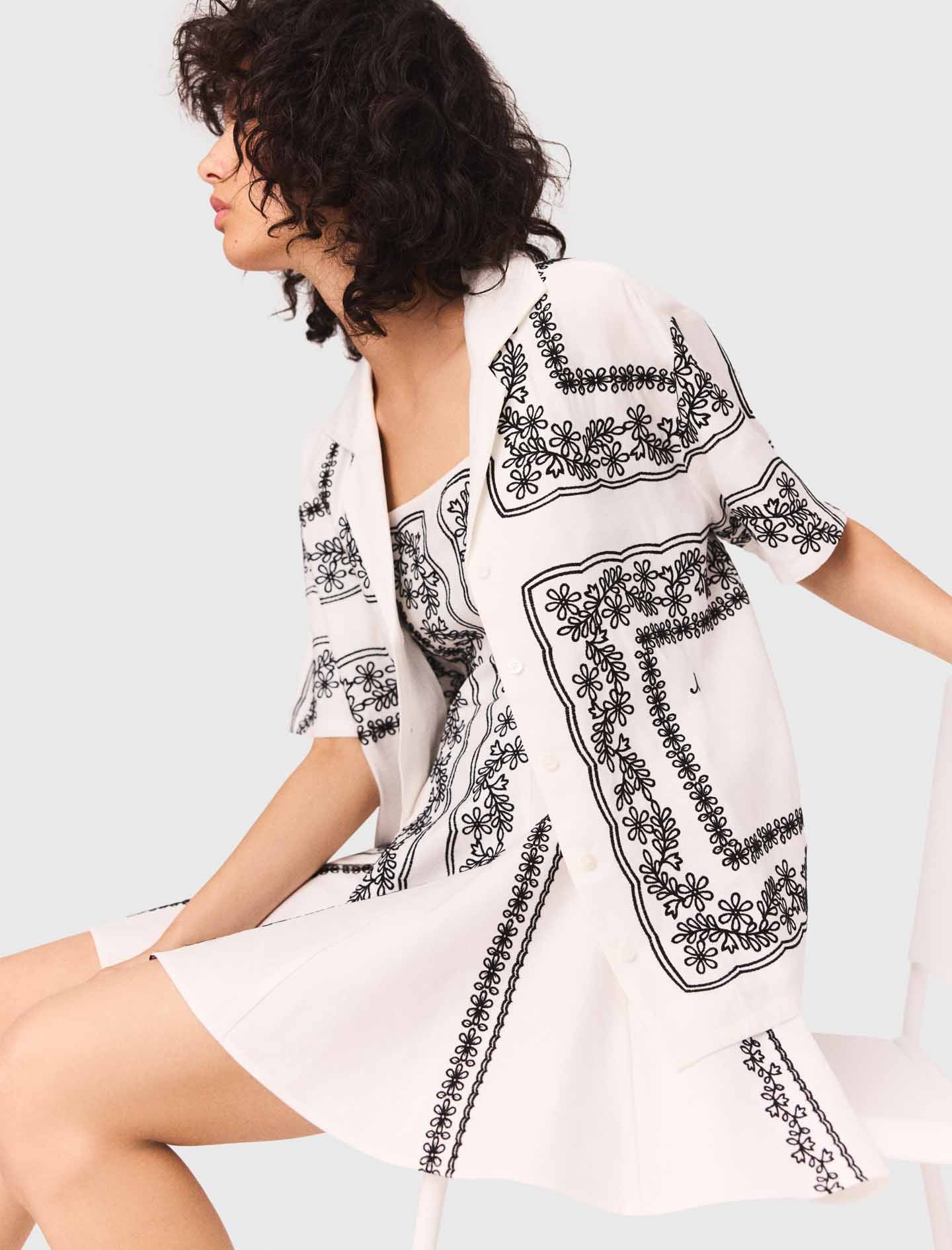Short sleeve embroidered shirt Ecru / Black - Image 2