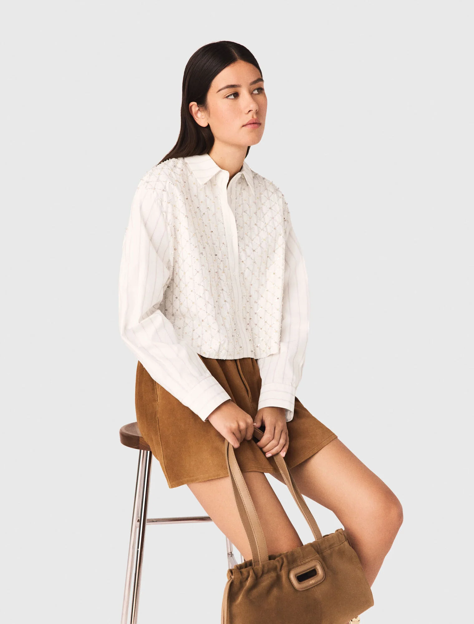 Beaded Cropped Shirt White - Image 5