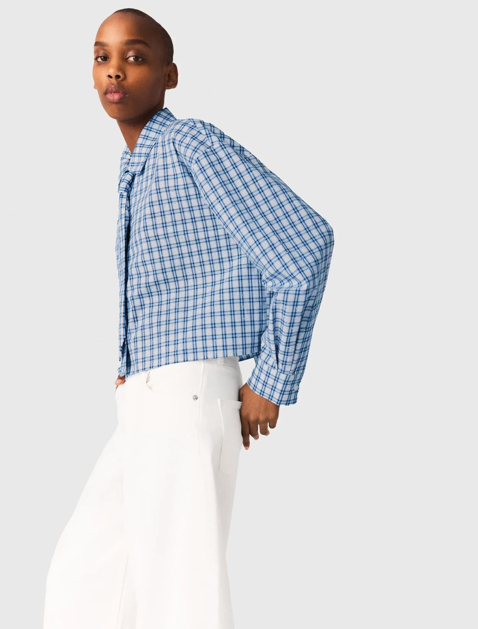 Rhinestone Shirt With Removable Tie Blue Check Print - Image 2