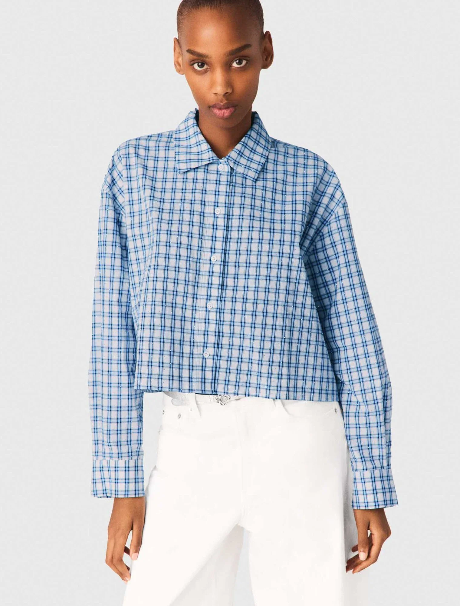 Rhinestone Shirt With Removable Tie Blue Check Print - Image 4