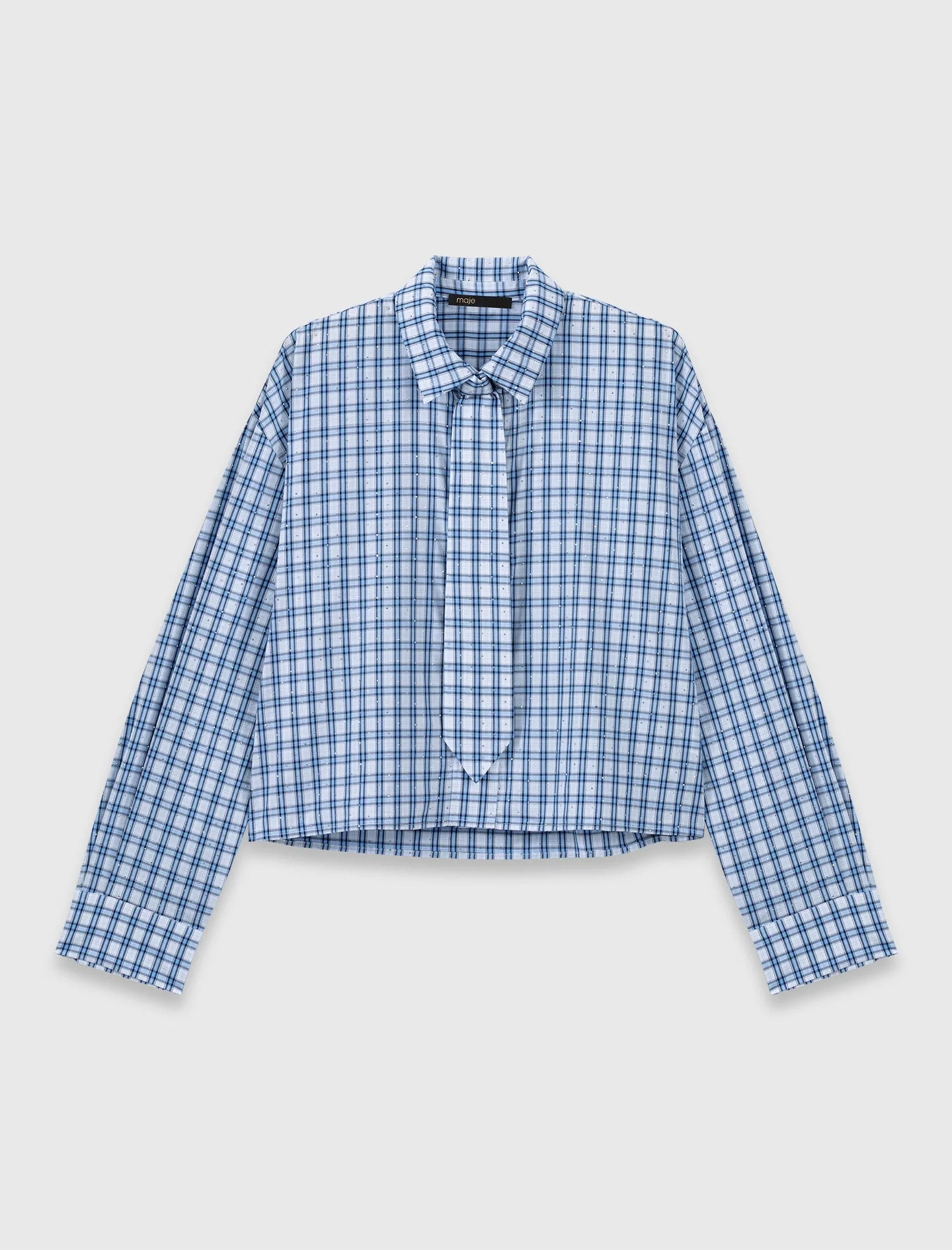 Rhinestone Shirt With Removable Tie Blue Check Print - Image 5
