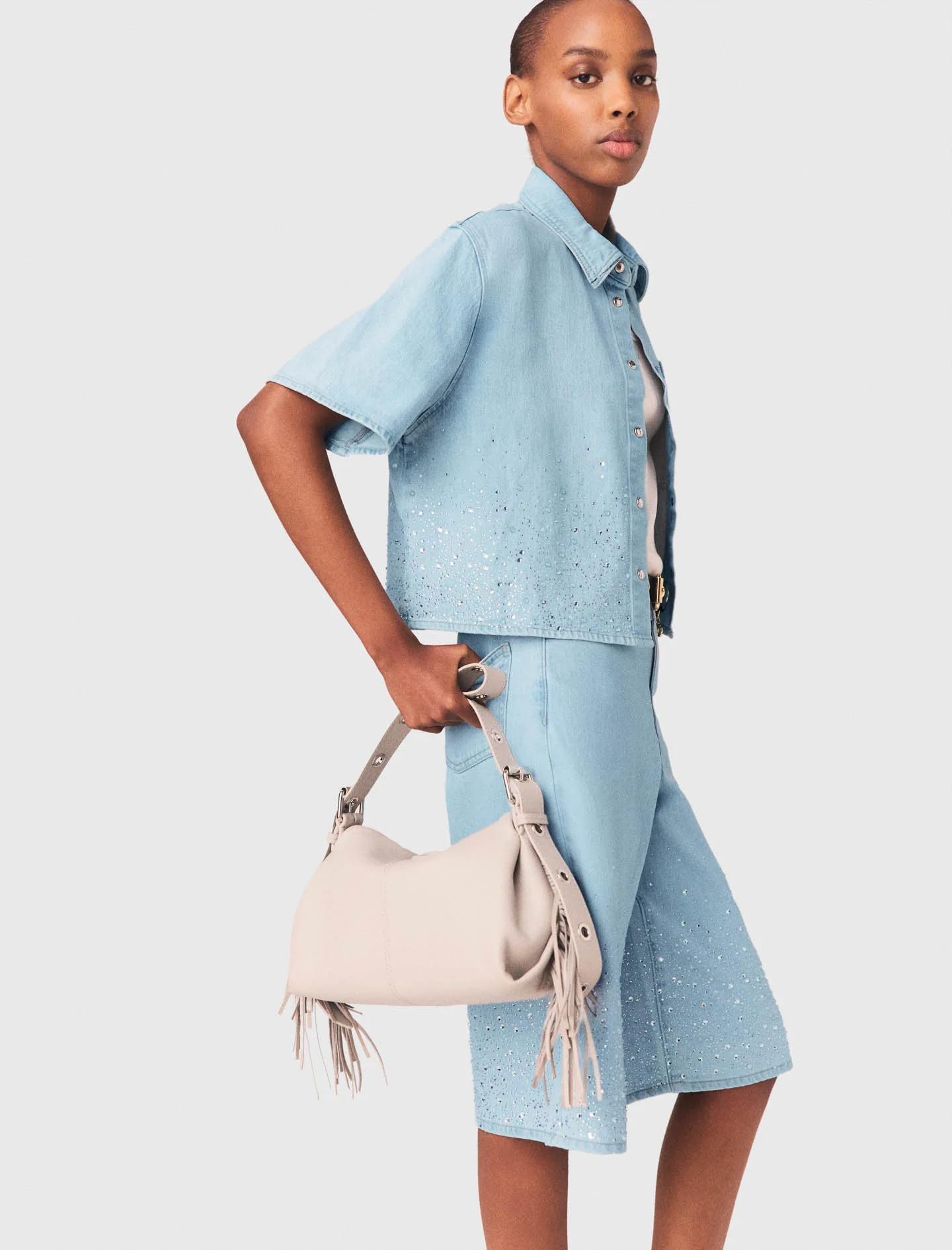 Cropped Rhinestone Denim Shirt Blue Sky - Image 2
