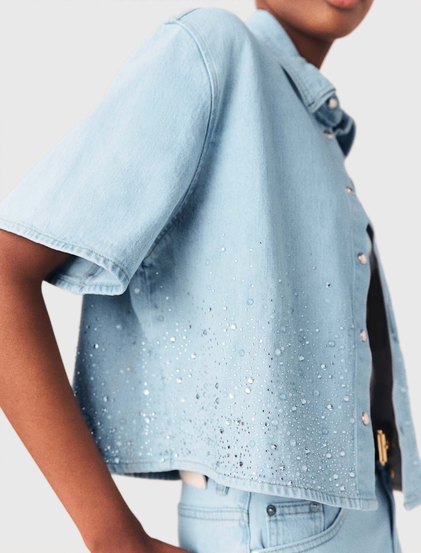 Cropped Rhinestone Denim Shirt Blue Sky - Image 4