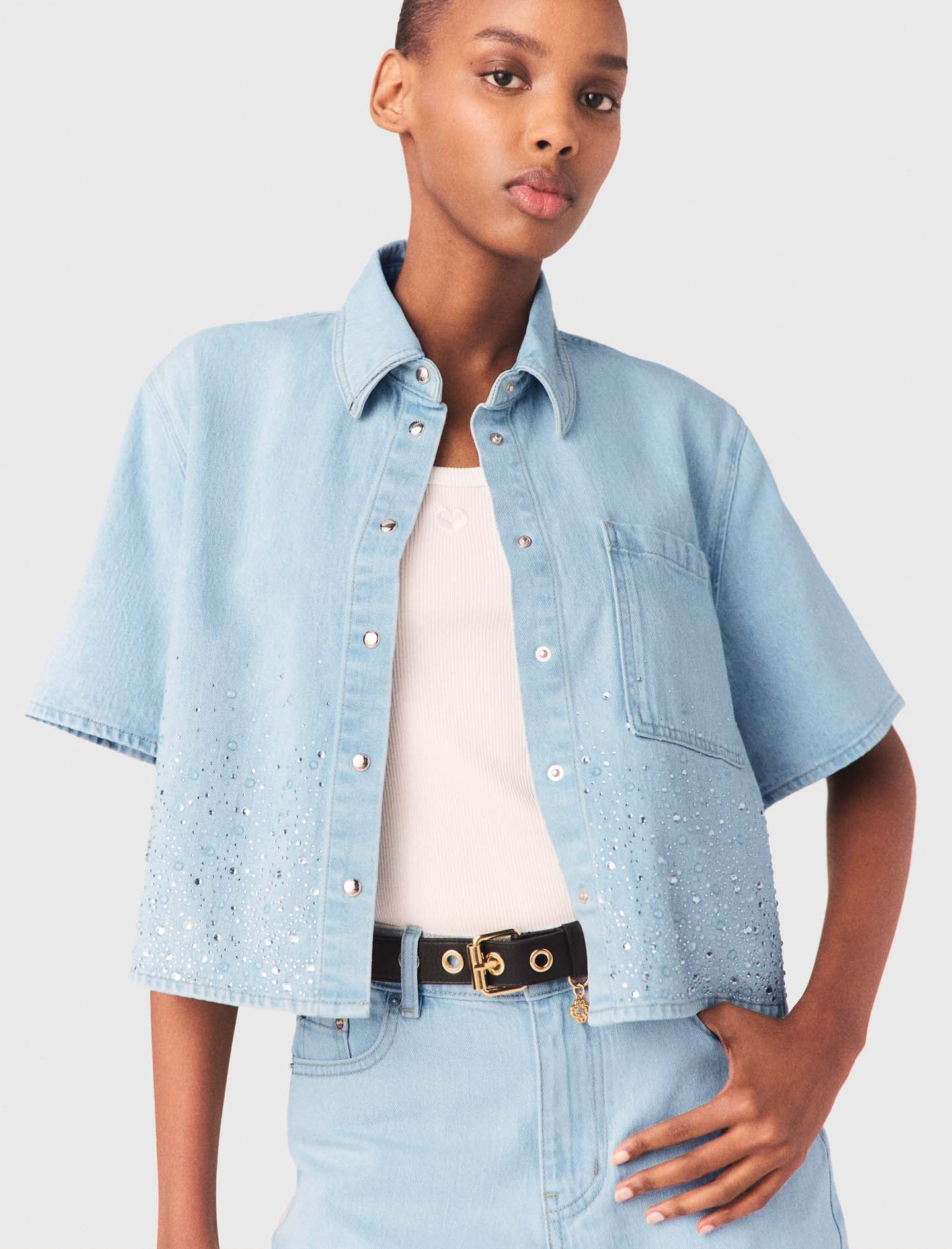 Cropped Rhinestone Denim Shirt Blue Sky - Image 6