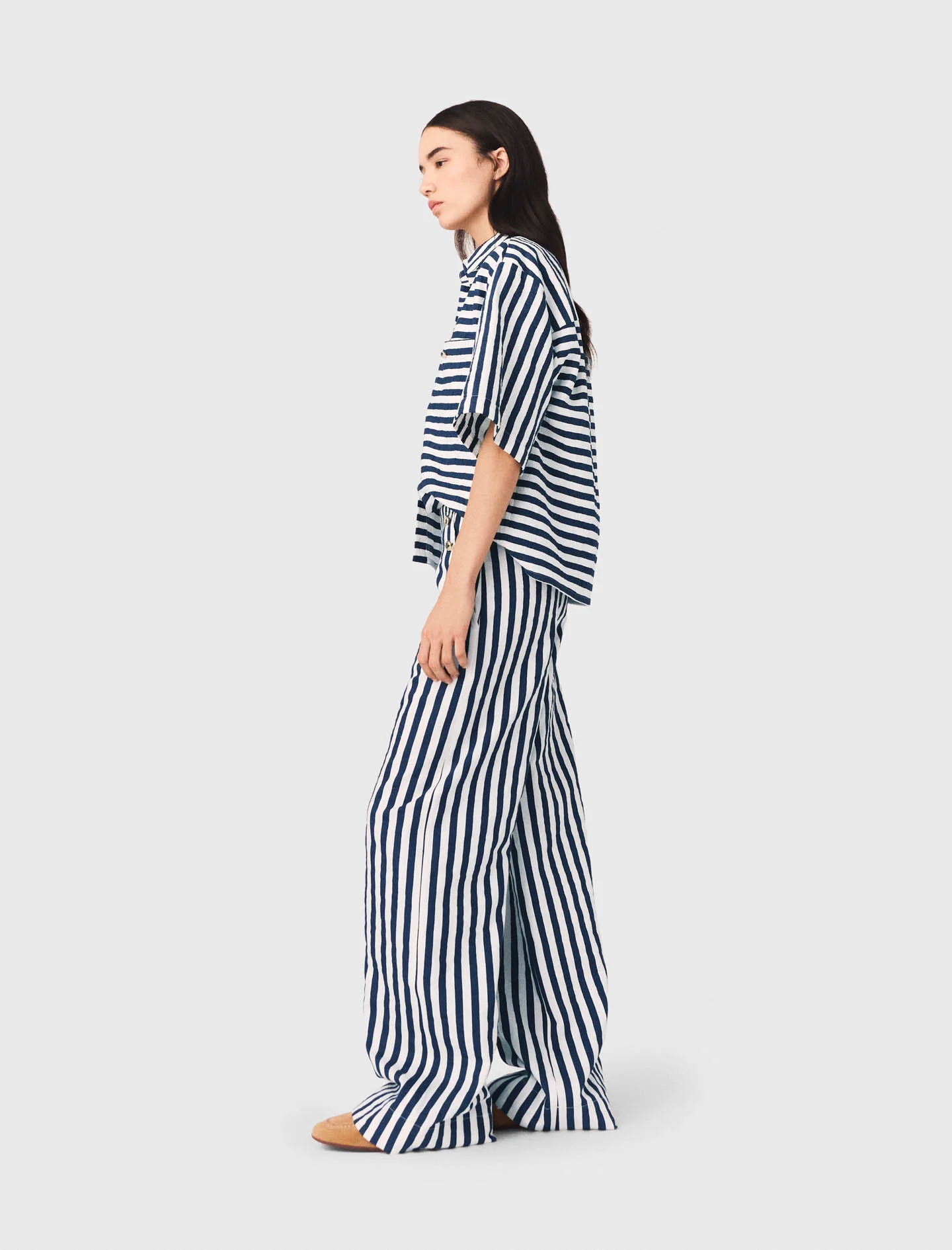 Cropped Linen-Blend Shirt White/Blue - Image 2