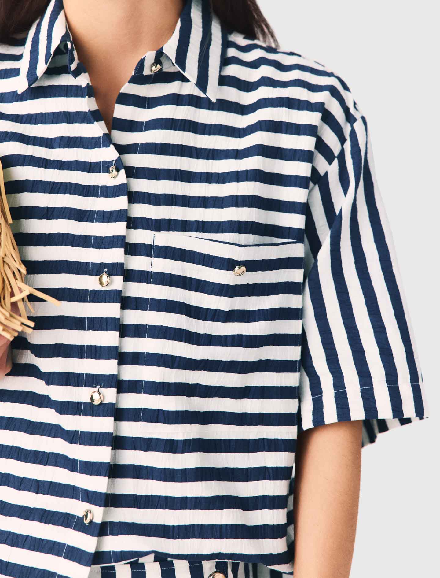Cropped Linen-Blend Shirt White/Blue - Image 4