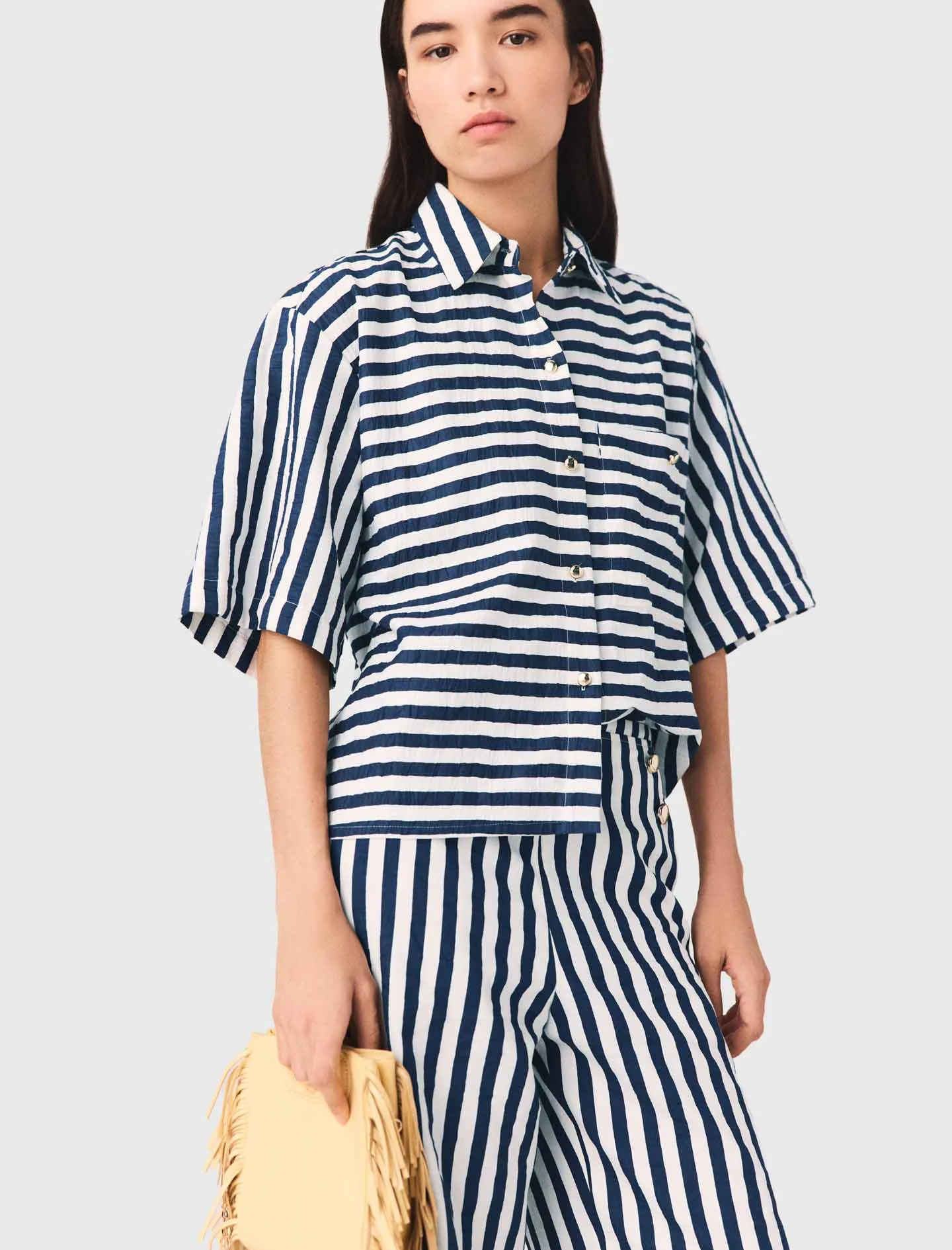 Cropped Linen-Blend Shirt White/Blue - Image 5