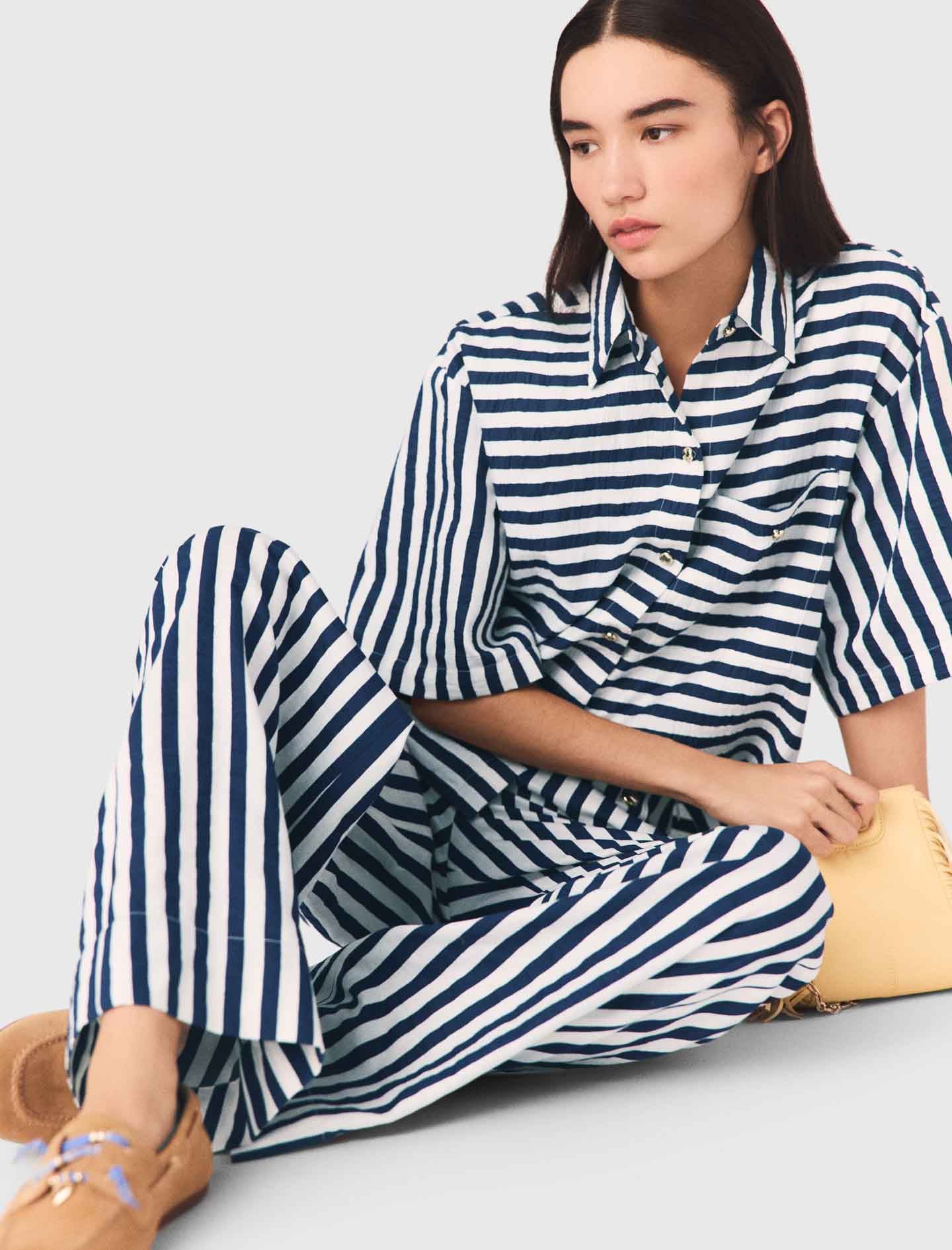 Cropped Linen-Blend Shirt White/Blue - Image 6