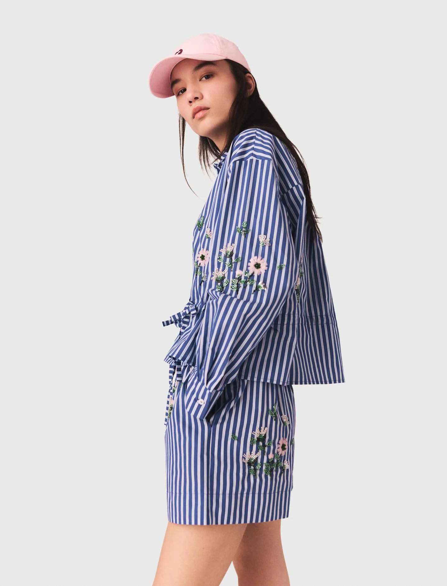 Short Striped Shirt With Embroidery White/Blue - Image 4