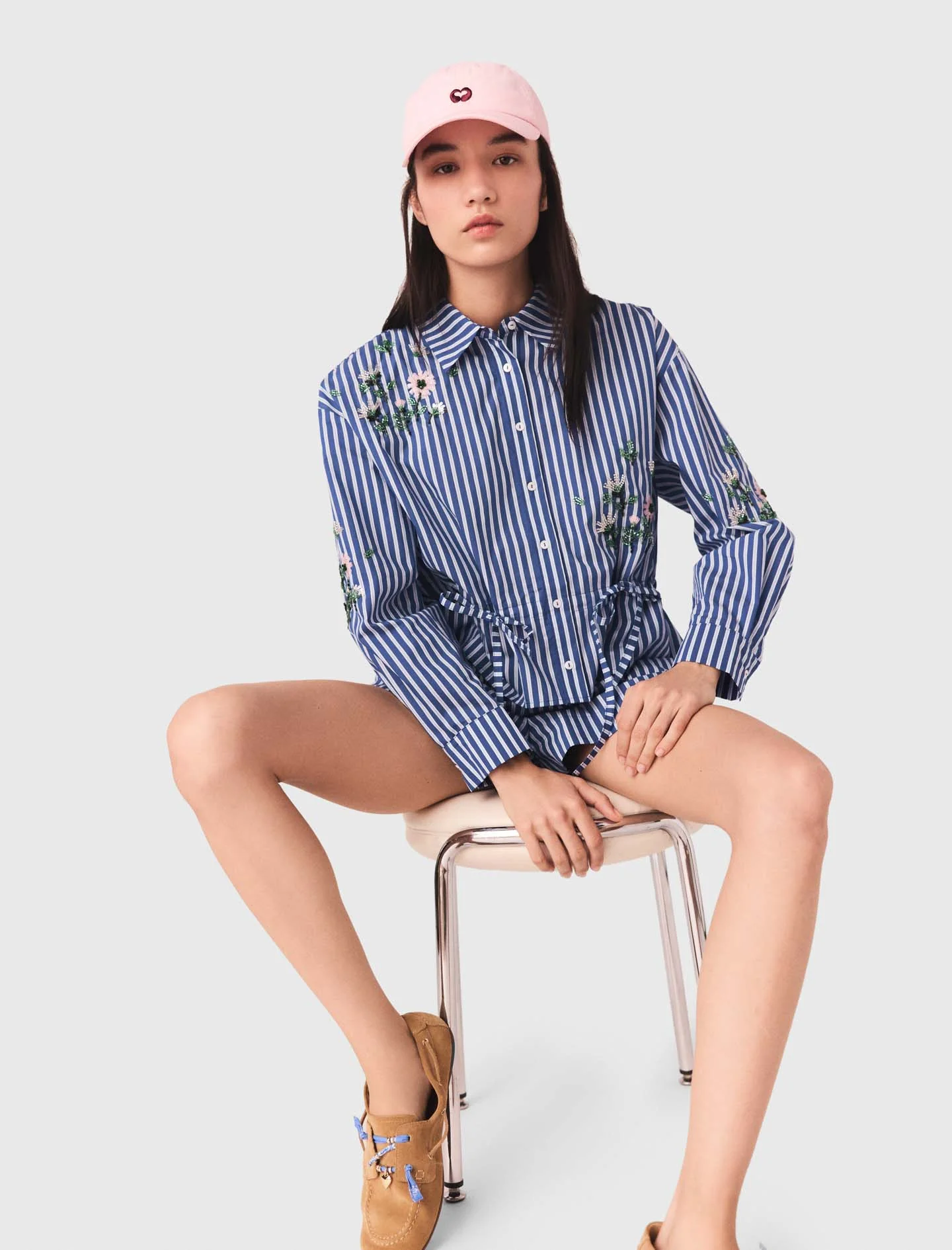 Short Striped Shirt With Embroidery White/Blue - Image 5