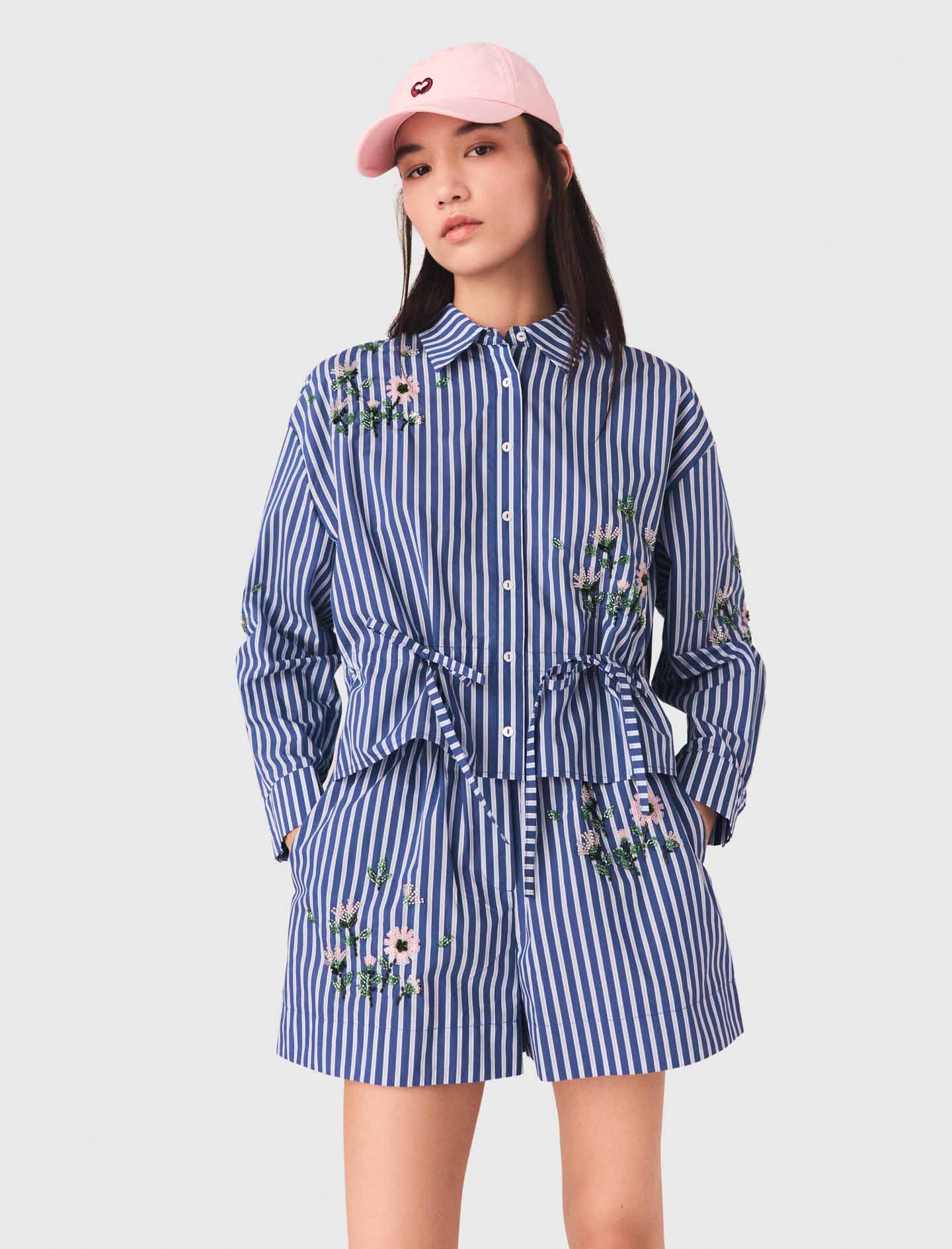 Short Striped Shirt With Embroidery White/Blue - Image 6