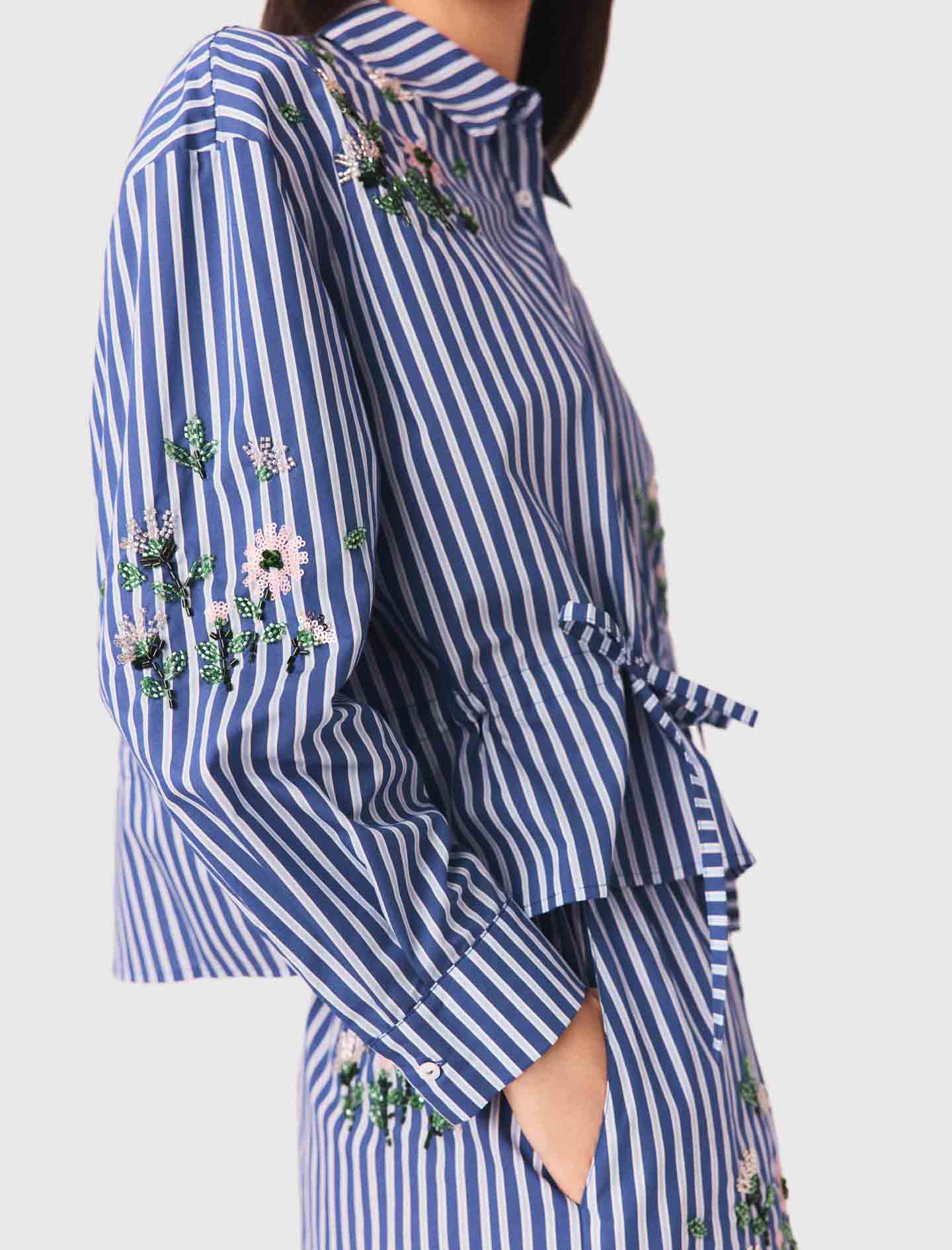 Short Striped Shirt With Embroidery White/Blue - Image 7