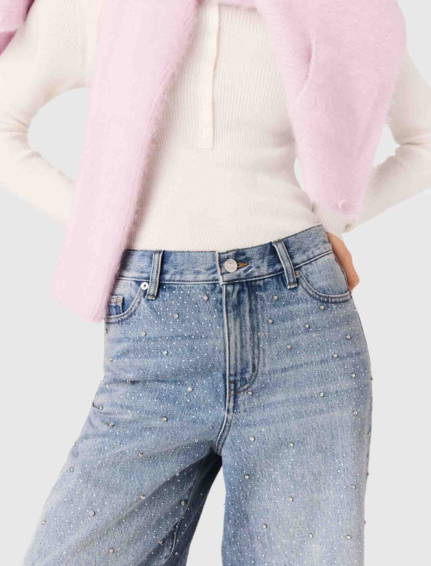 Wide-Leg All-Over Rhinestone Jeans Blue - Image 6