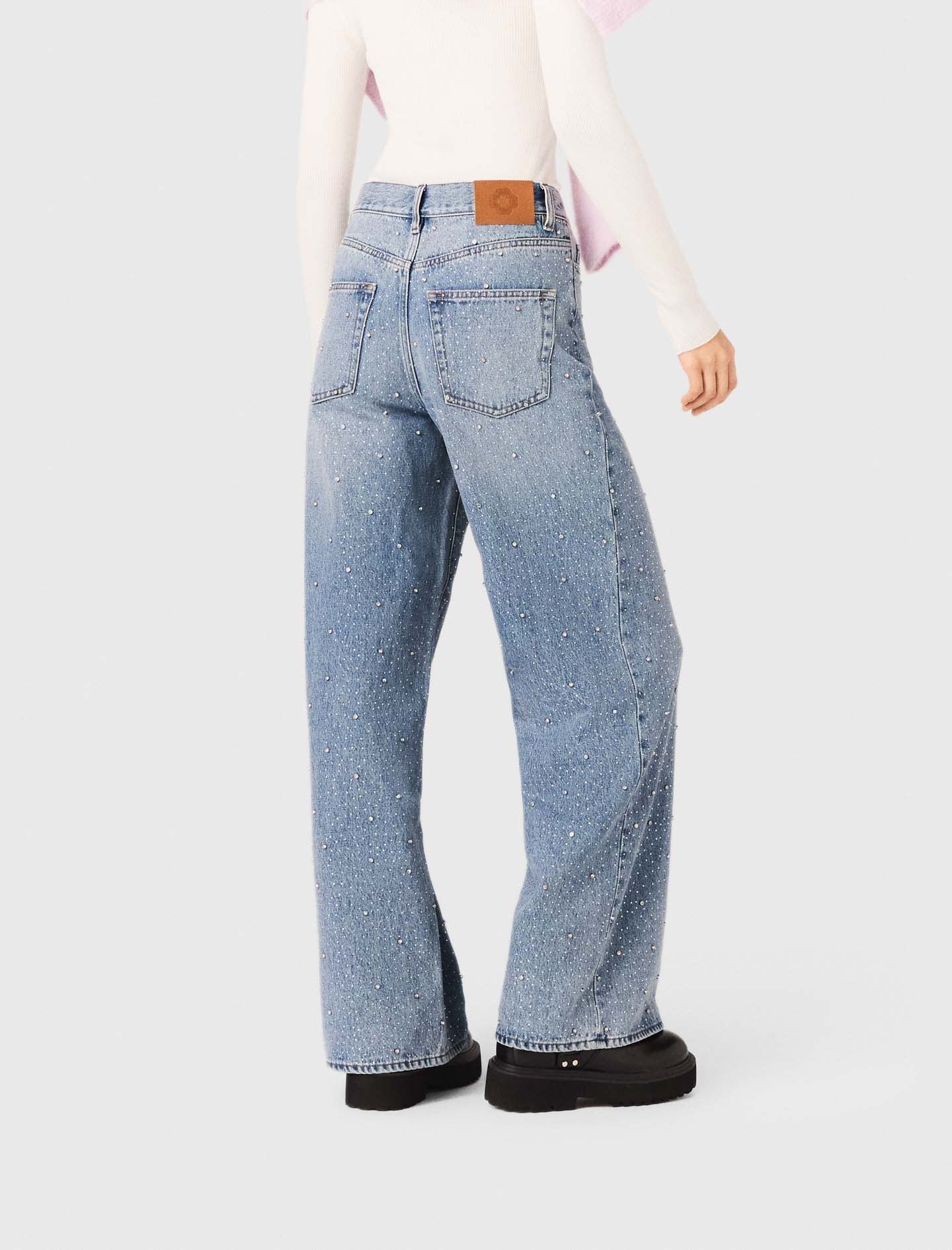 Wide-Leg All-Over Rhinestone Jeans Blue - Image 7