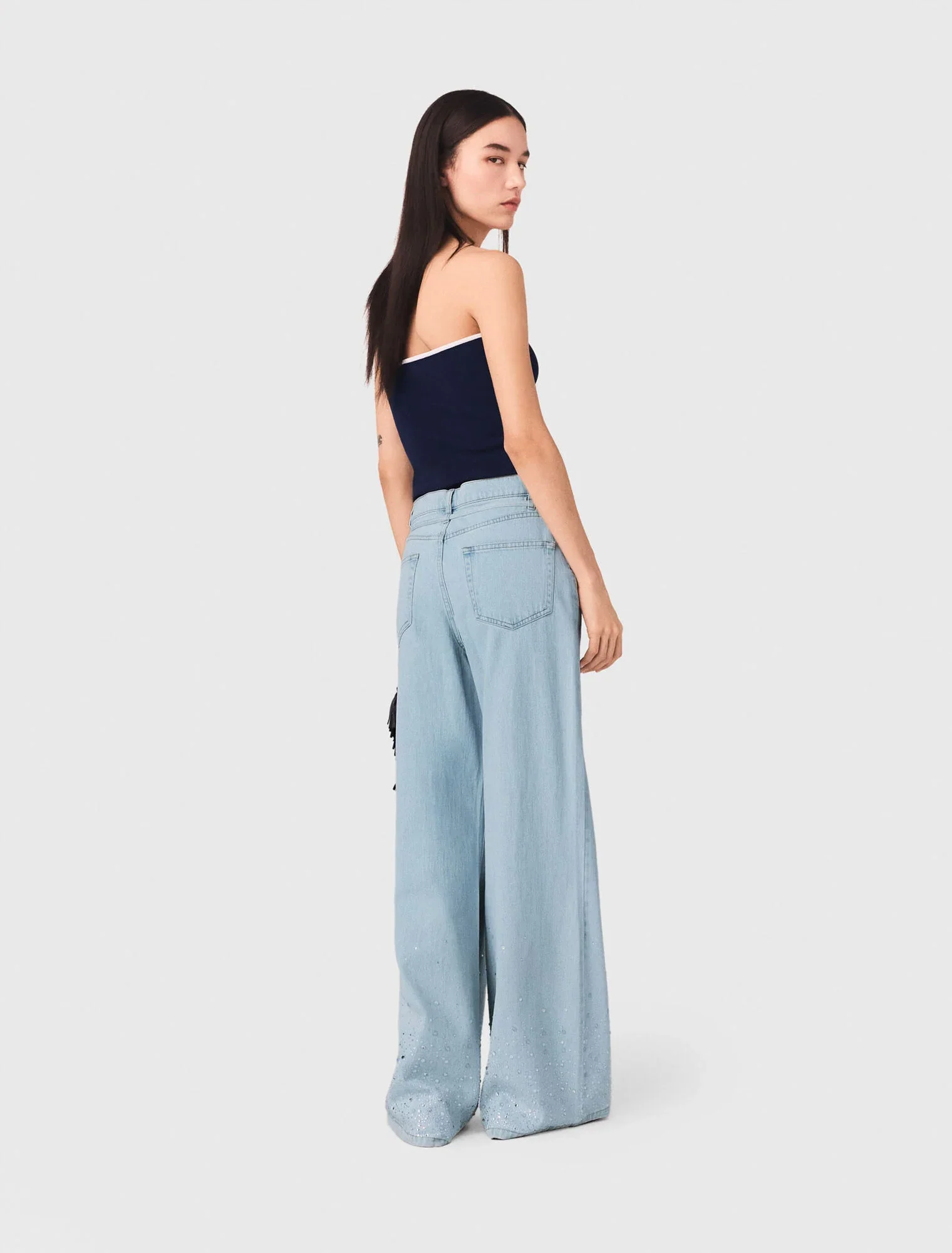 Wide-Leg Rhinestone Jeans Blue Sky - Image 3