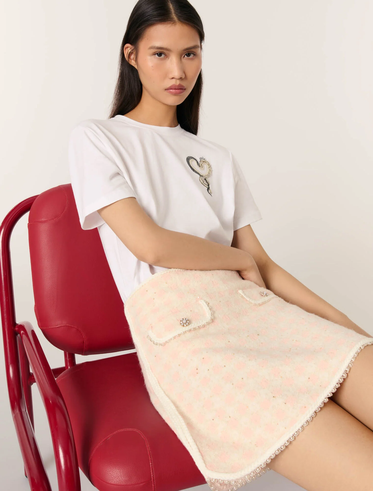 Short tweed-effect knit skirt Pink/Ecru - Image 4