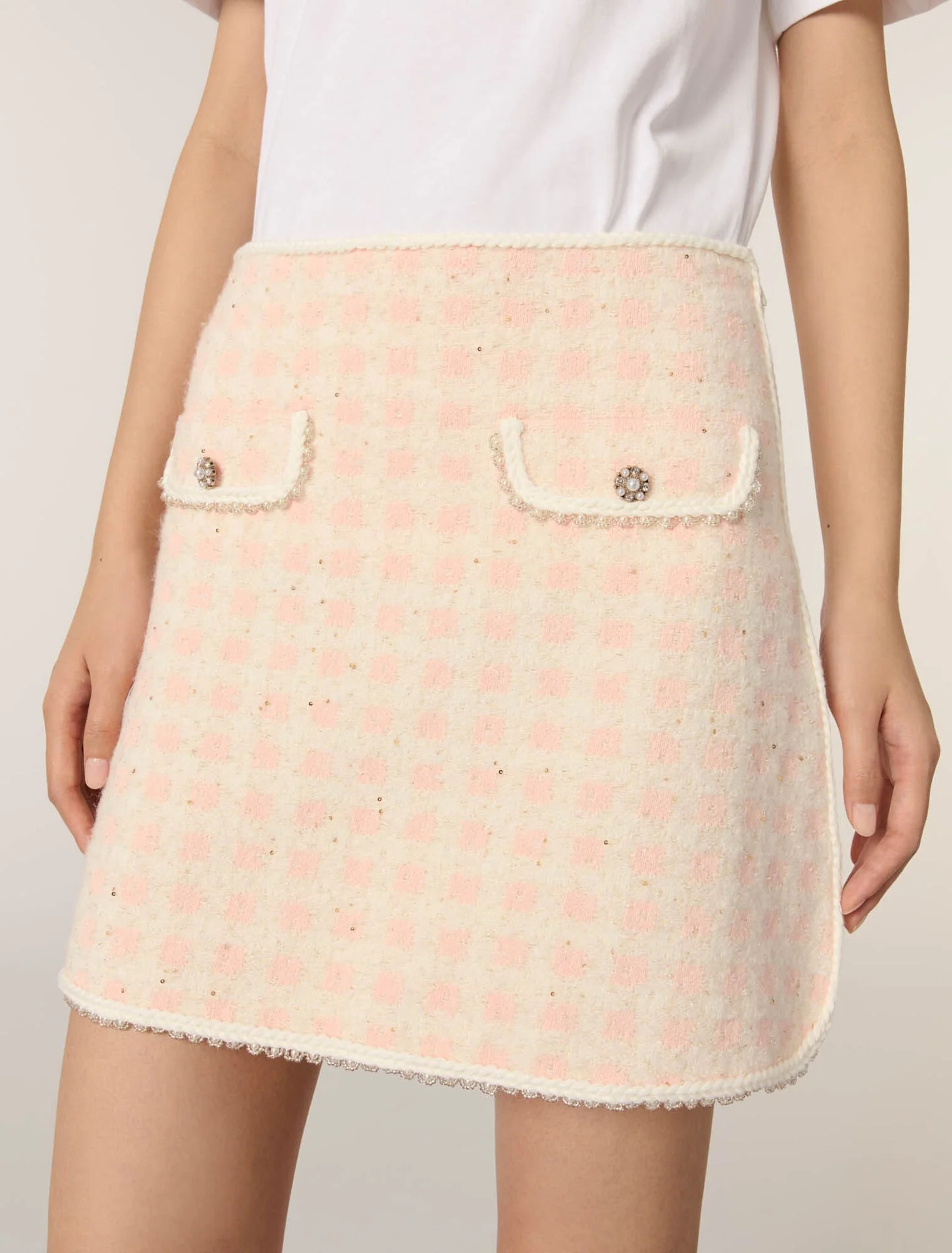 Short tweed-effect knit skirt Pink/Ecru - Image 5