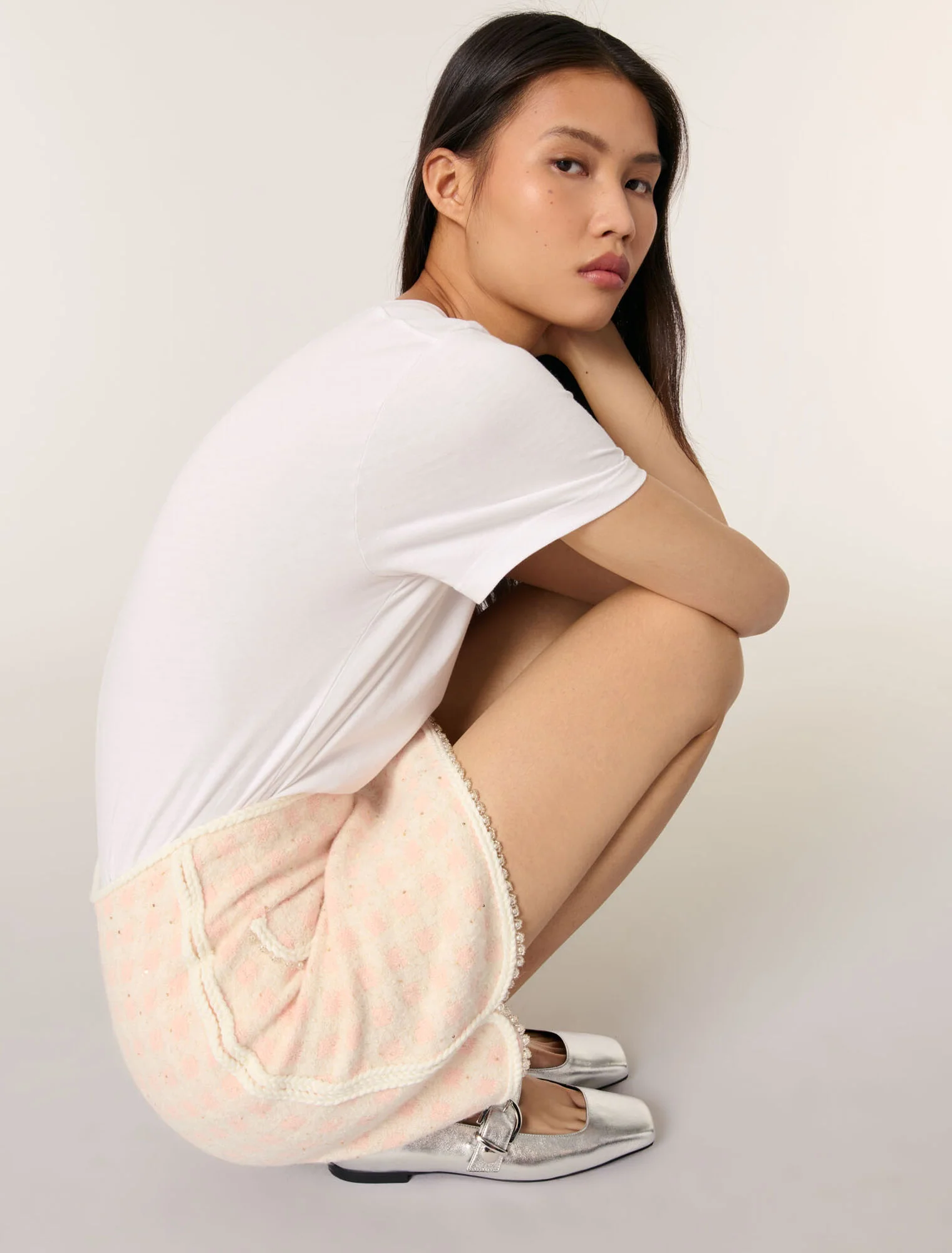 Short tweed-effect knit skirt Pink/Ecru - Image 6