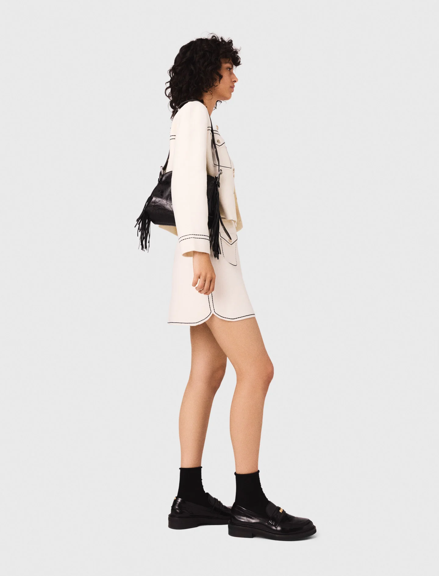 Short topstitched knit skirt Ecru - Image 2