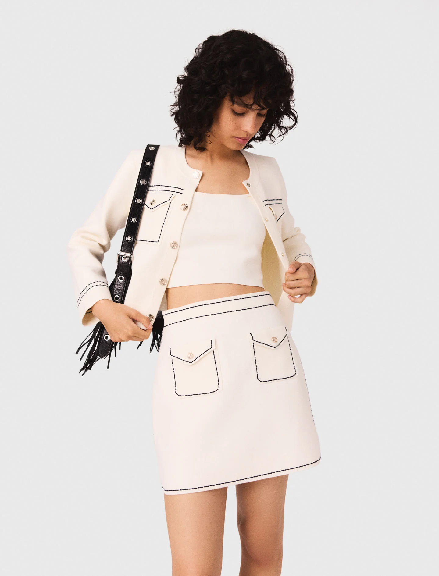 Short topstitched knit skirt Ecru - Image 5