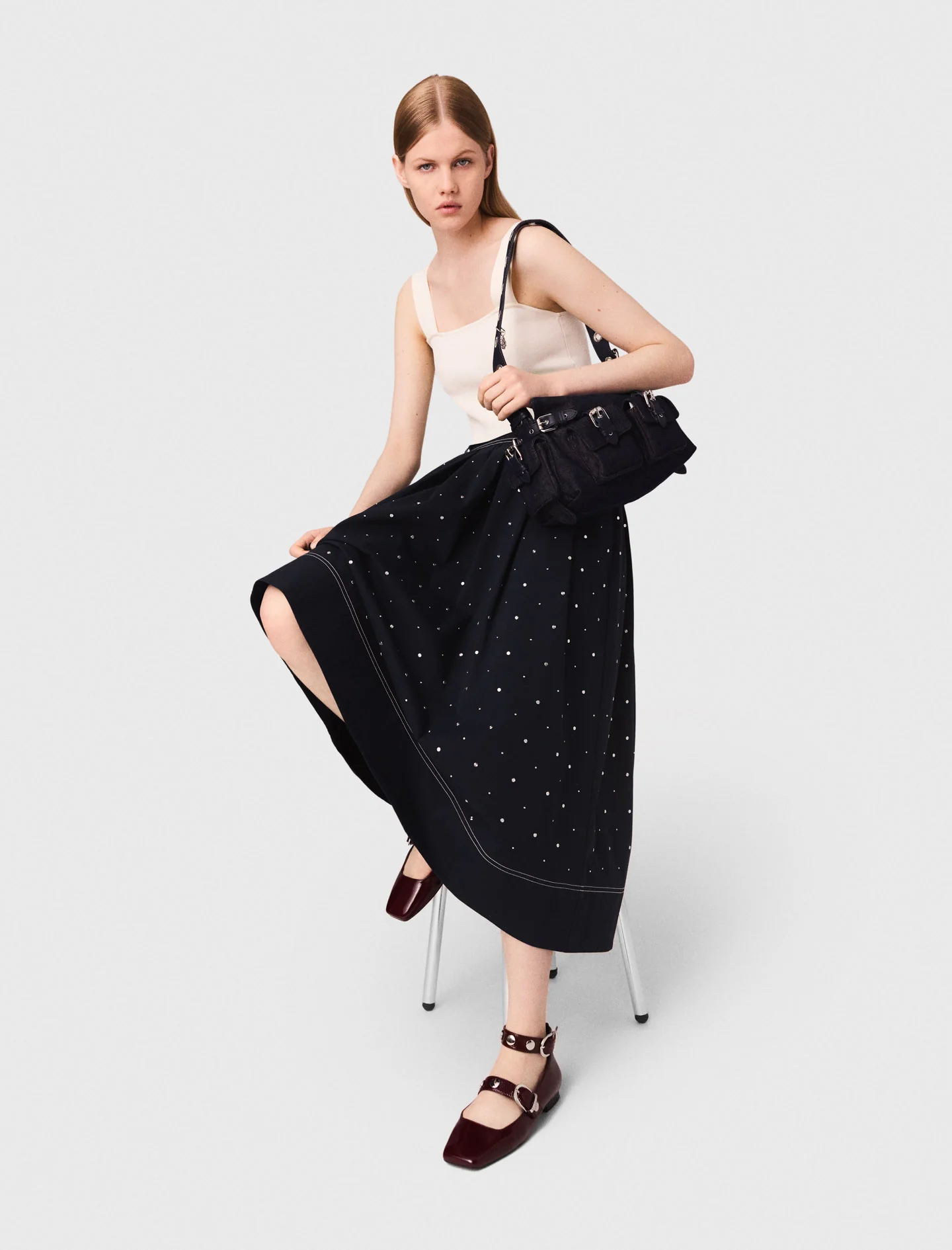 Long studded cotton skirt Navy - Image 5