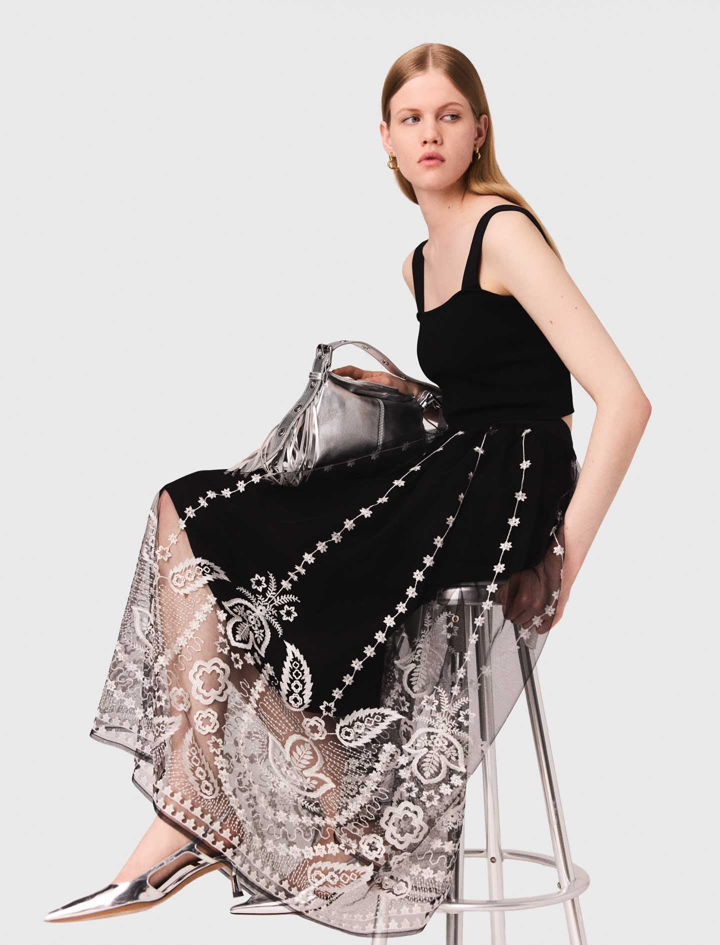 Long embroidered tulle skirt Black - Image 2