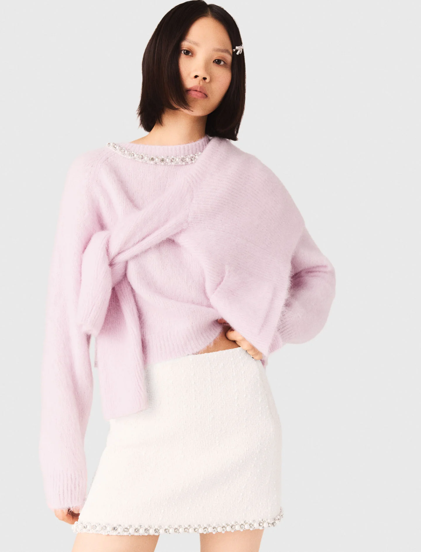 Pearl-Trim Tweed Skirt Ecru - Image 5