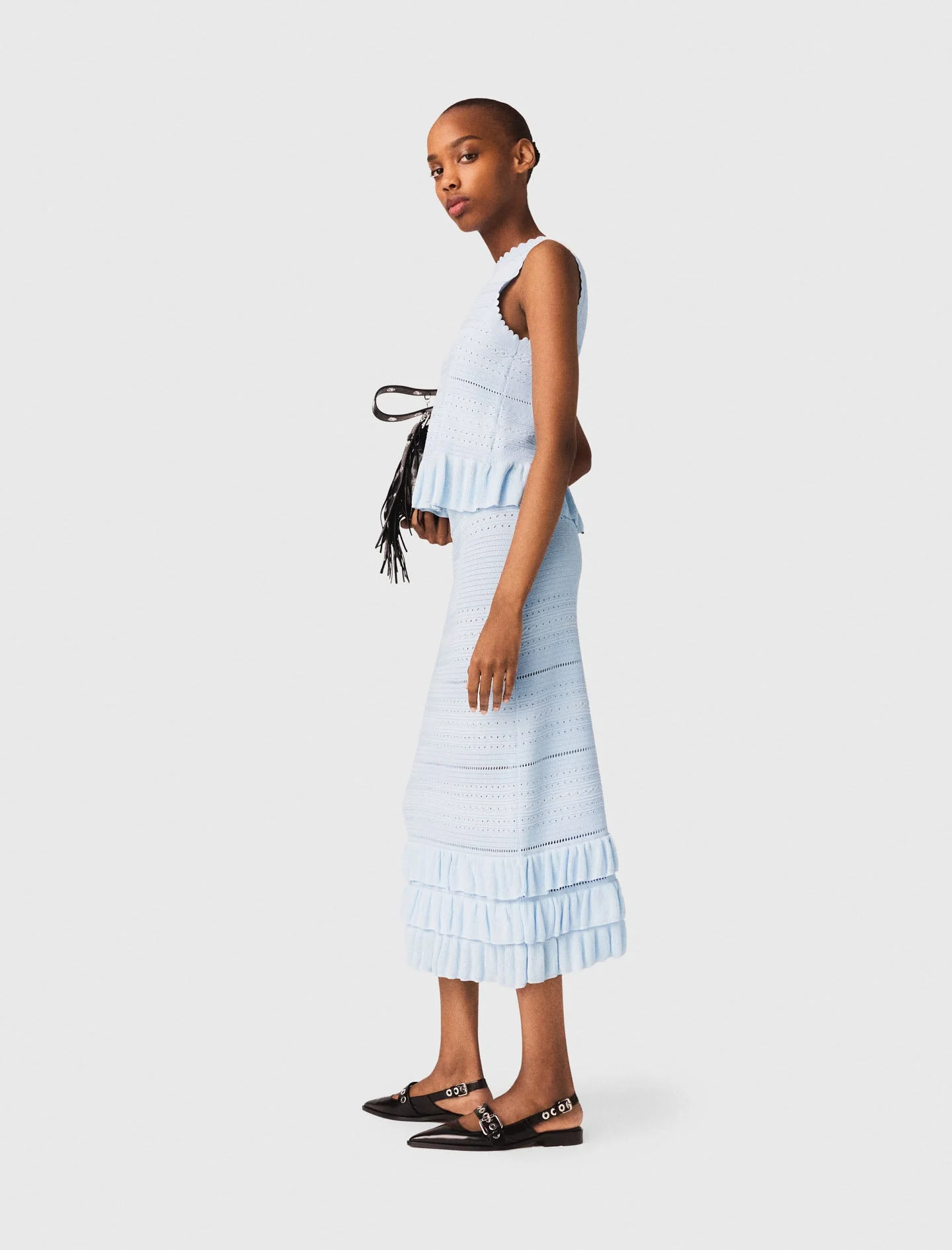 Long Ruffled Knit Skirt Blue Sky - Image 2