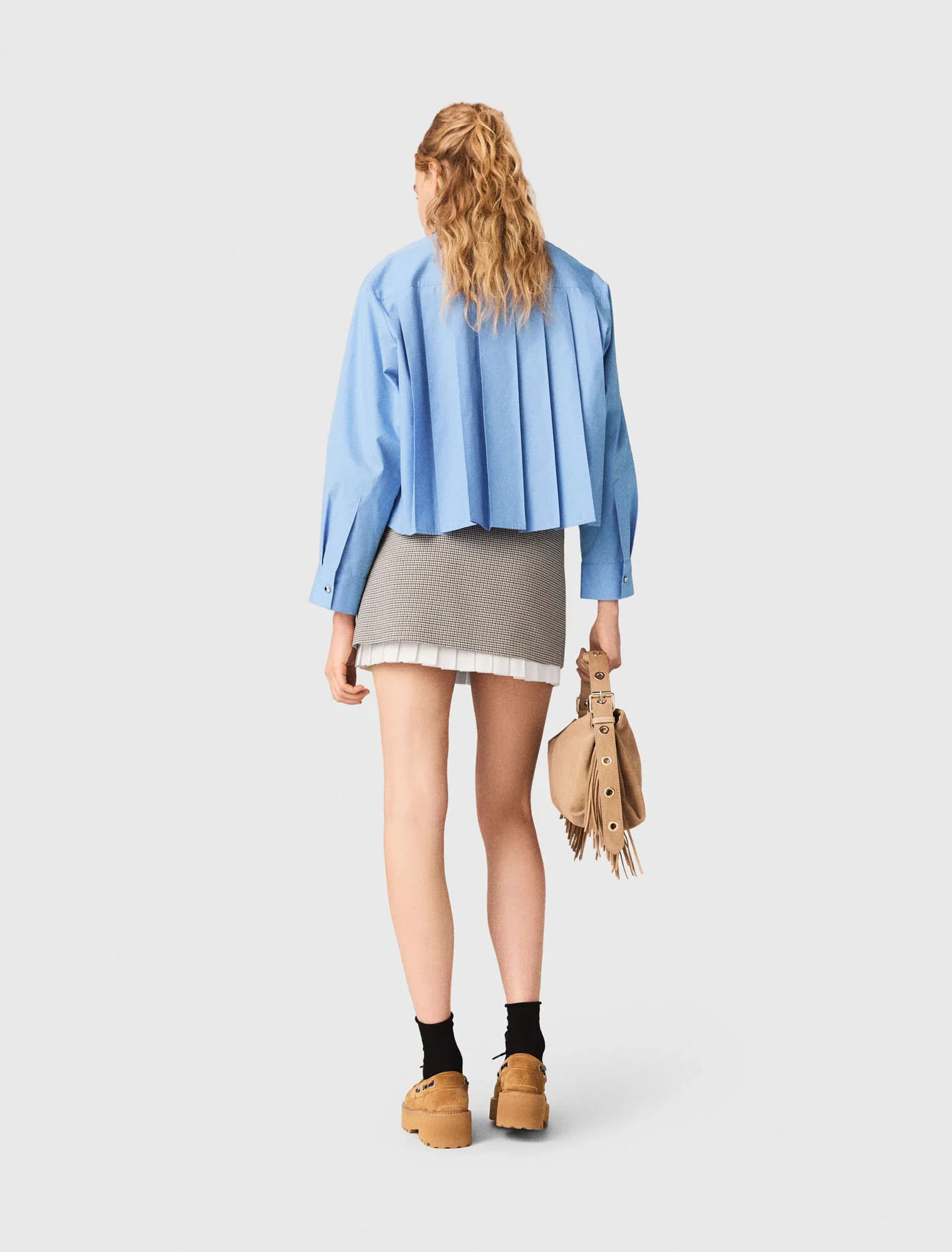 Pleated Skirt With Poplin Details Brown Checks - Image 3