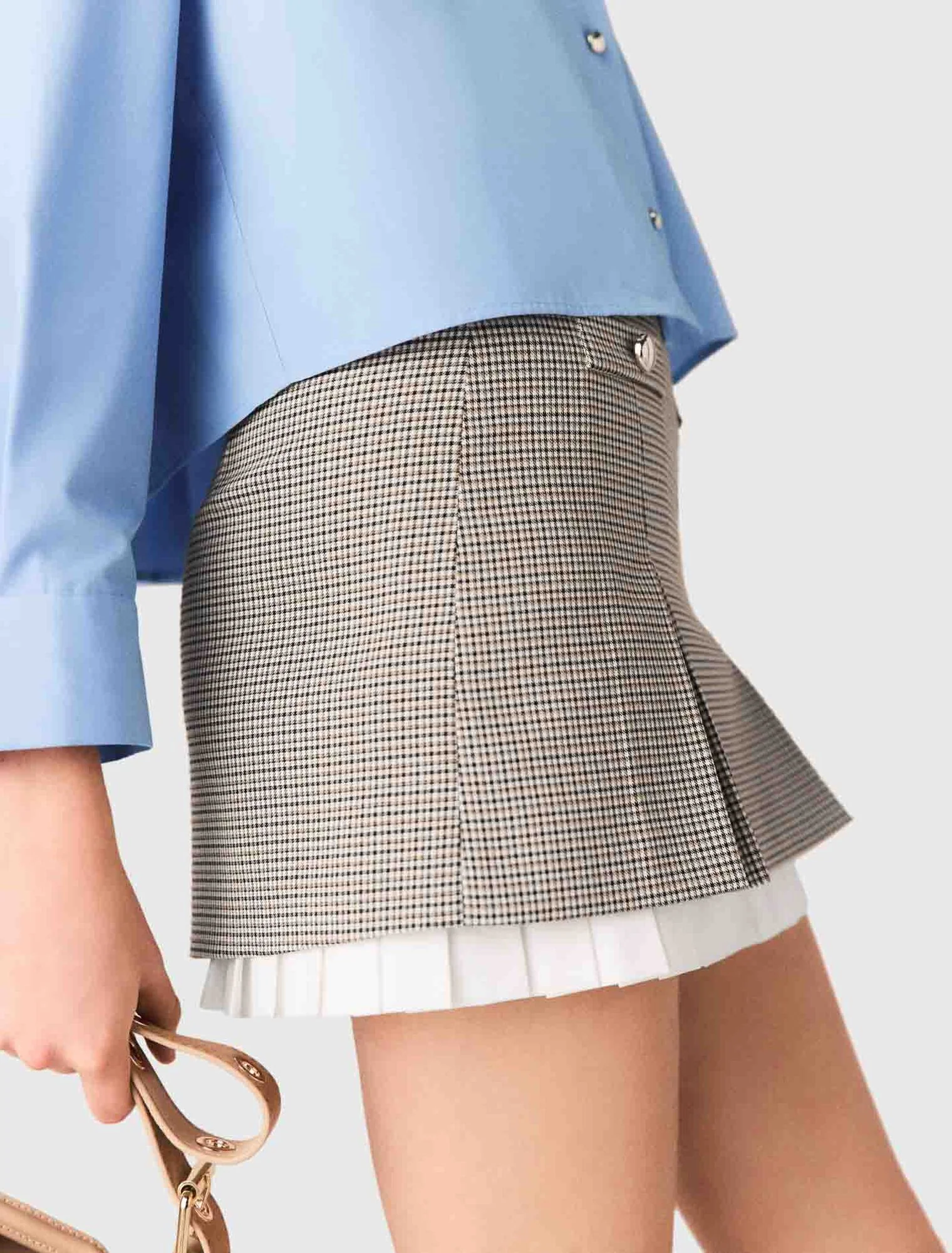 Pleated Skirt With Poplin Details Brown Checks - Image 7
