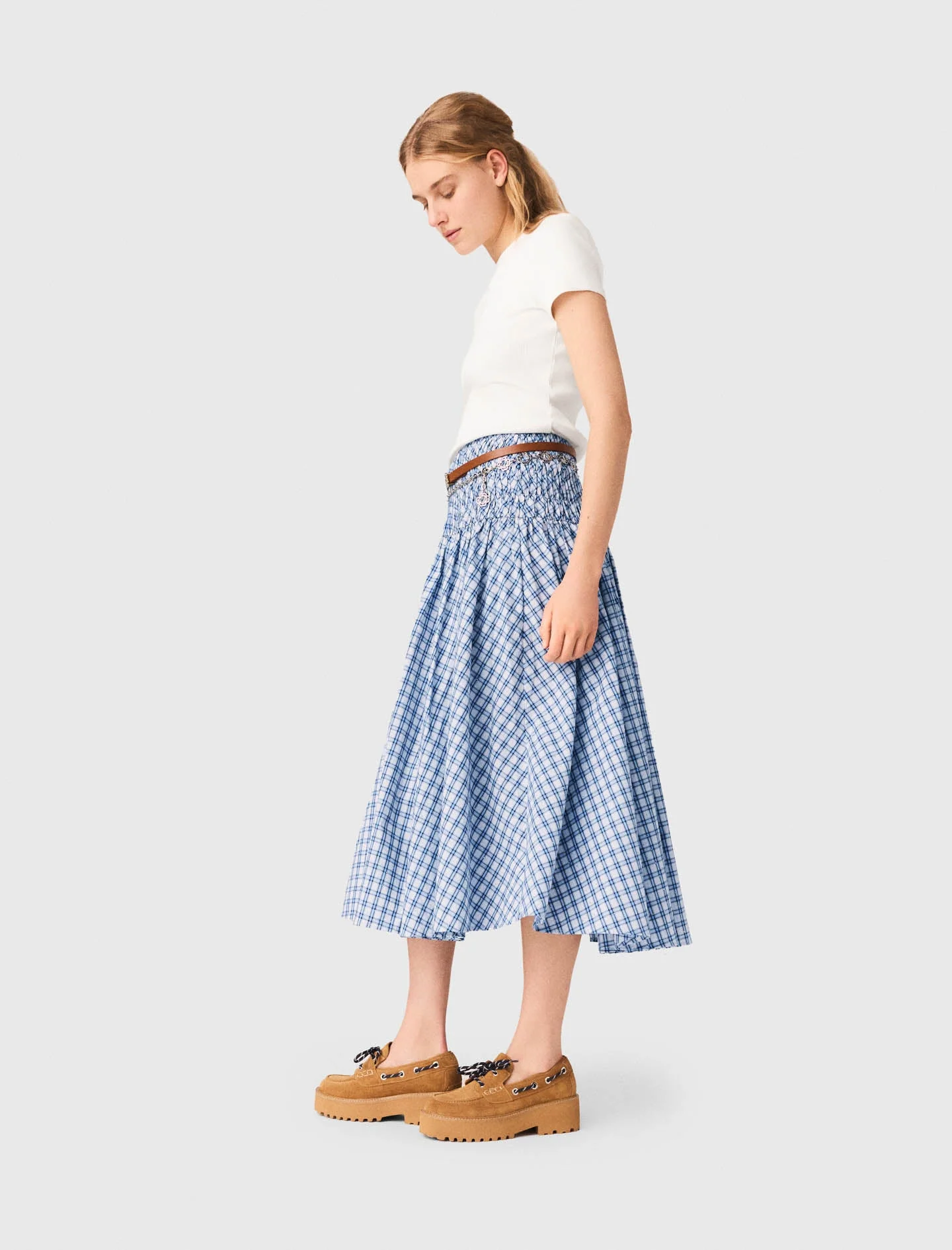 Rhinestone Cotton Maxi Skirt Blue Check Print - Image 2
